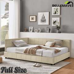 Bellemave® Full Size Corner Bed Frame with Comfortable Backrest & Armrests, Velvet Tufted Corner Bed Frame Full Size, Upholstered Daybed for Bedroom, Living Room, Guest Room, Black - Bellemave