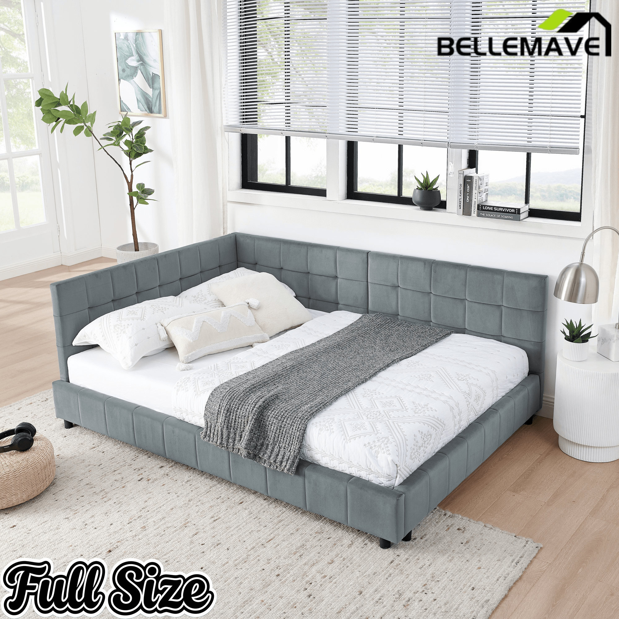 Bellemave® Full Size Corner Bed Frame with Comfortable Backrest & Armrests, Velvet Tufted Corner Bed Frame Full Size, Upholstered Daybed for Bedroom, Living Room, Guest Room, Black - Bellemave
