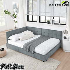 Bellemave® Full Size Corner Bed Frame with Comfortable Backrest & Armrests, Velvet Tufted Corner Bed Frame Full Size, Upholstered Daybed for Bedroom, Living Room, Guest Room, Black - Bellemave