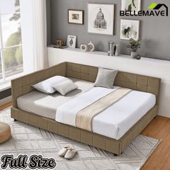 Bellemave® Full Size Corner Bed Frame with Comfortable Backrest & Armrests, Velvet Tufted Corner Bed Frame Full Size, Upholstered Daybed for Bedroom, Living Room, Guest Room, Black - Bellemave