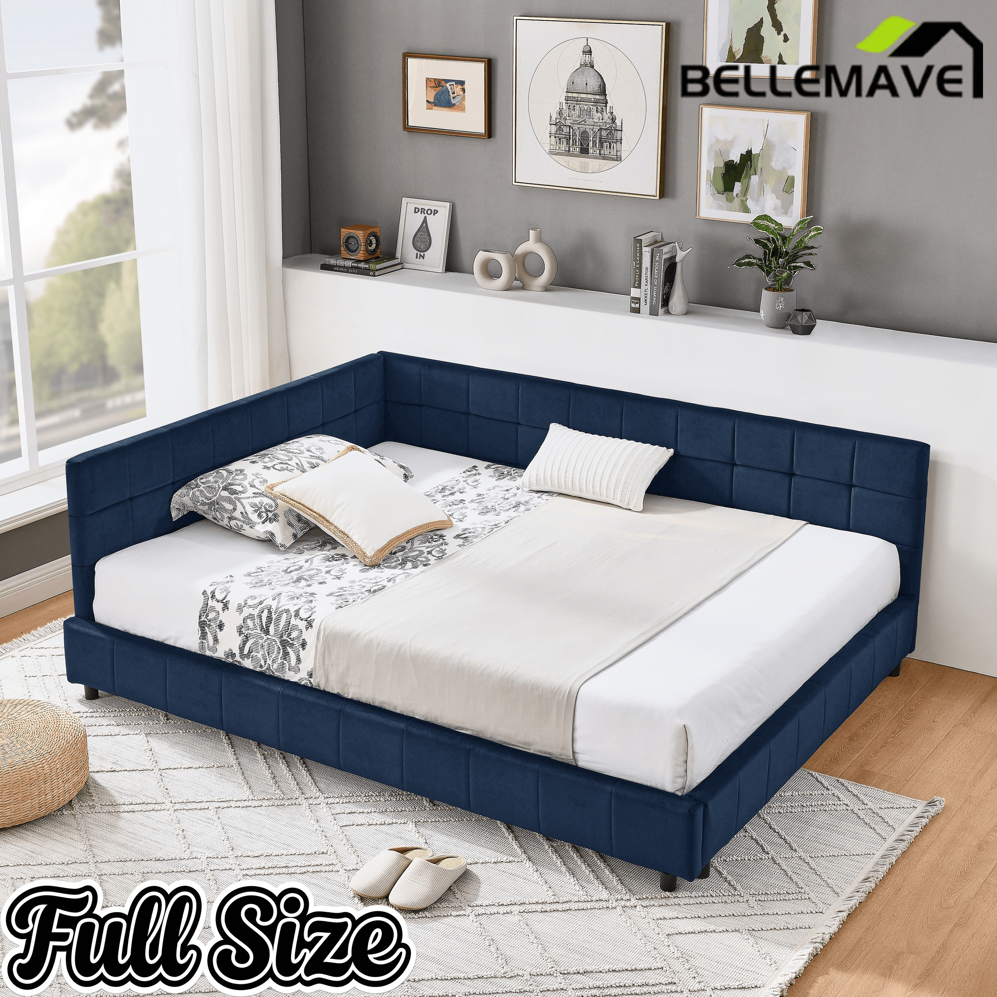 Bellemave® Full Size Corner Bed Frame with Comfortable Backrest & Armrests, Velvet Tufted Corner Bed Frame Full Size, Upholstered Daybed for Bedroom, Living Room, Guest Room, Black - Bellemave