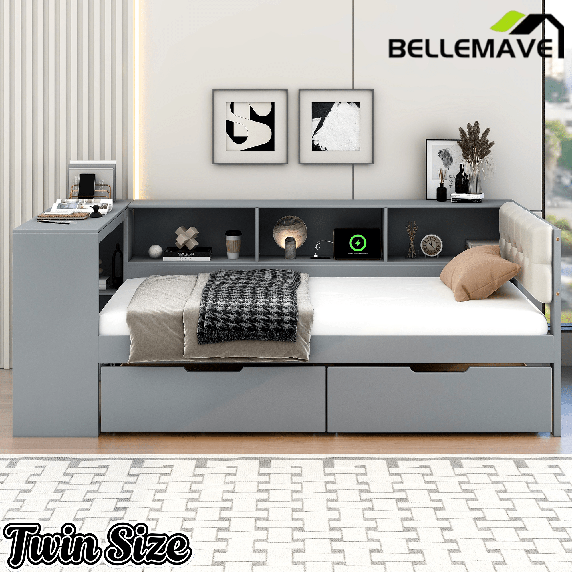 Bellemave® Full Size Corner Bed Frame with Storage Drawers and Desk,Captain Daybed with L - Shaped Bookcase,Corner Bed Frame Full Size with Charging Station for Kids,Teens,Guests,Cream - Bellemave