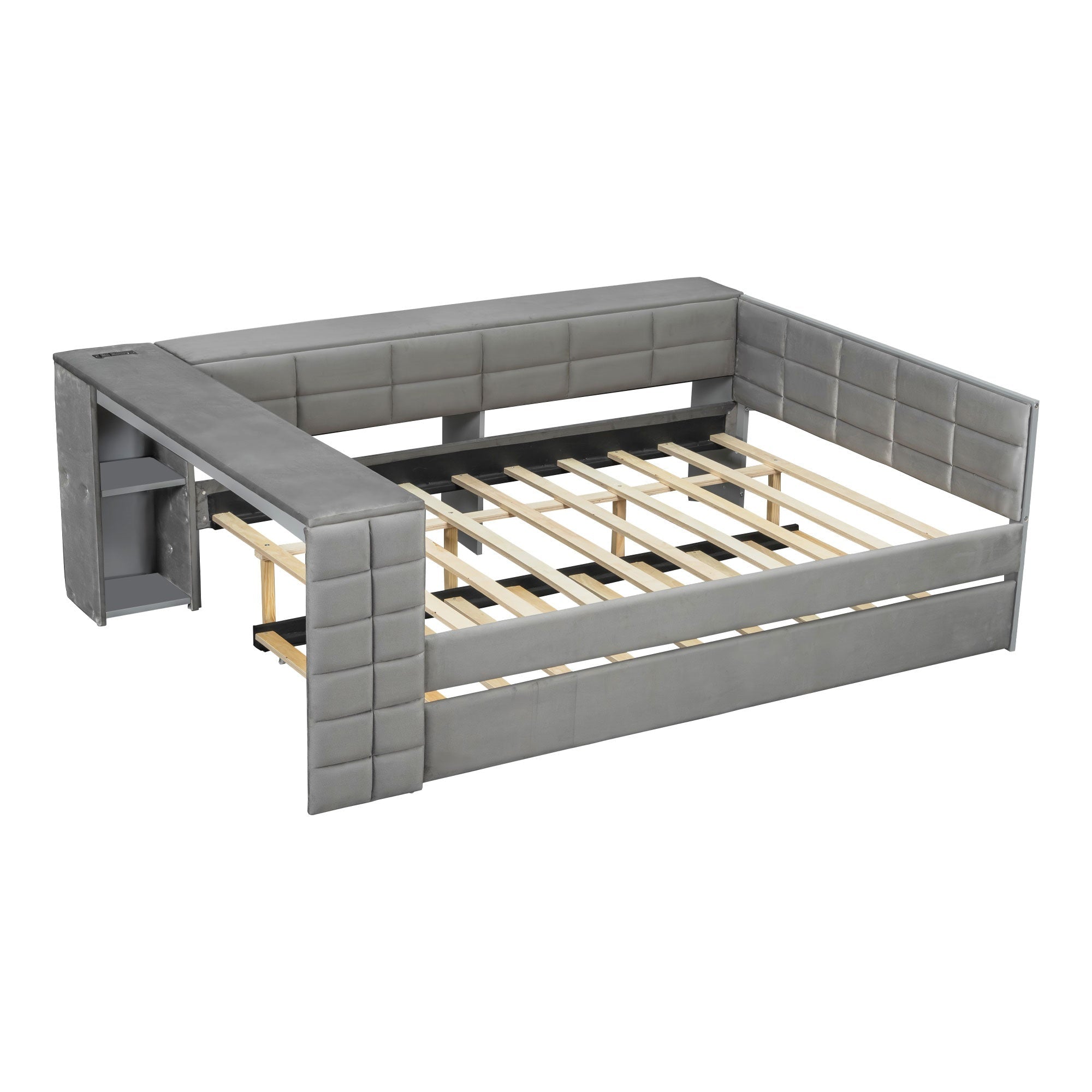 Bellemave® Full Size Corner Bed Frame with Storage Drawers and Desk,Captain Daybed with L - Shaped Bookcase,Corner Bed Frame Full Size with Charging Station for Kids,Teens,Guests,Cream - Bellemave