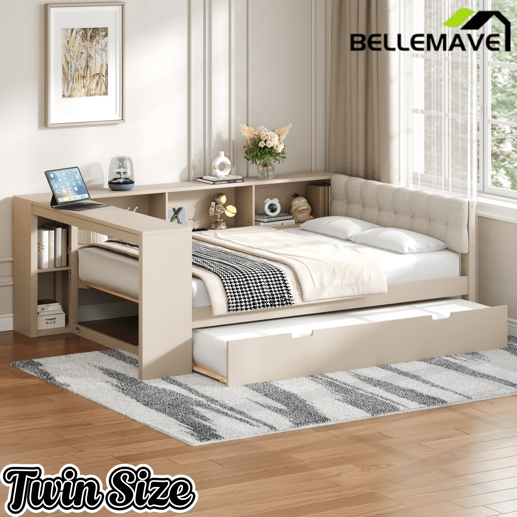 Bellemave® Full Size Corner Bed Frame with Storage Drawers and Desk,Captain Daybed with L - Shaped Bookcase,Corner Bed Frame Full Size with Charging Station for Kids,Teens,Guests,Cream - Bellemave