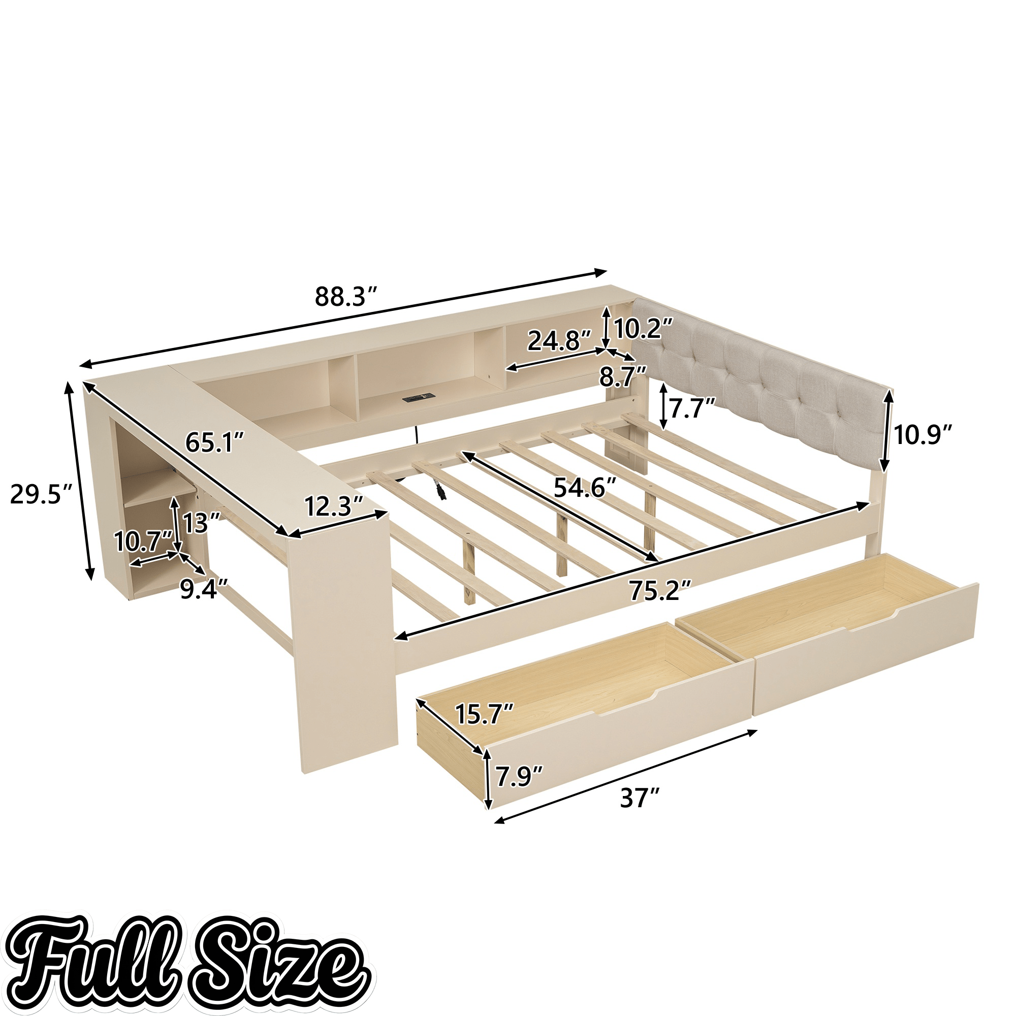 Bellemave® Full Size Corner Bed Frame with Storage Drawers and Desk,Captain Daybed with L - Shaped Bookcase,Corner Bed Frame Full Size with Charging Station for Kids,Teens,Guests,Cream - Bellemave