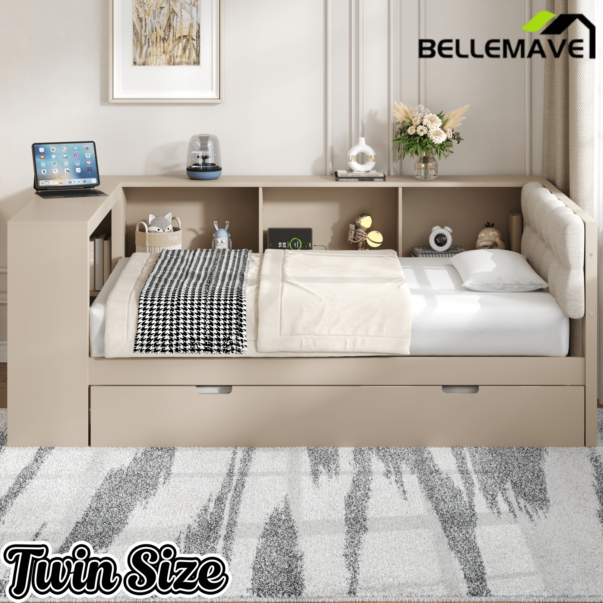 Bellemave® Full Size Corner Bed Frame with Storage Drawers and Desk,Captain Daybed with L - Shaped Bookcase,Corner Bed Frame Full Size with Charging Station for Kids,Teens,Guests,Cream - Bellemave