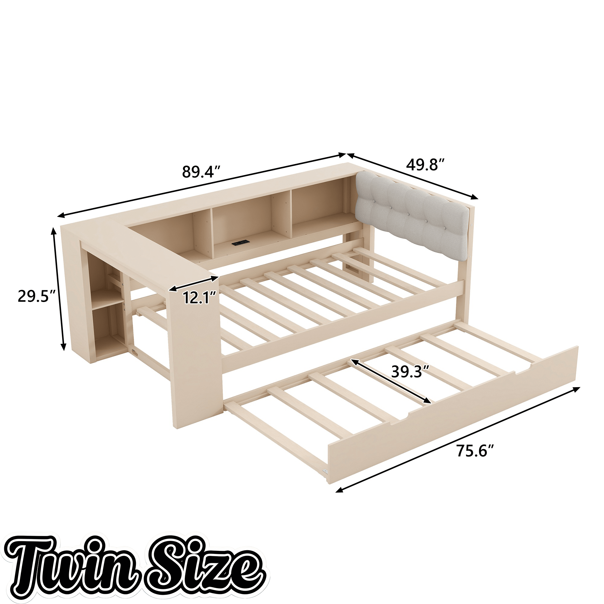 Bellemave® Full Size Corner Bed Frame with Storage Drawers and Desk,Captain Daybed with L - Shaped Bookcase,Corner Bed Frame Full Size with Charging Station for Kids,Teens,Guests,Cream - Bellemave