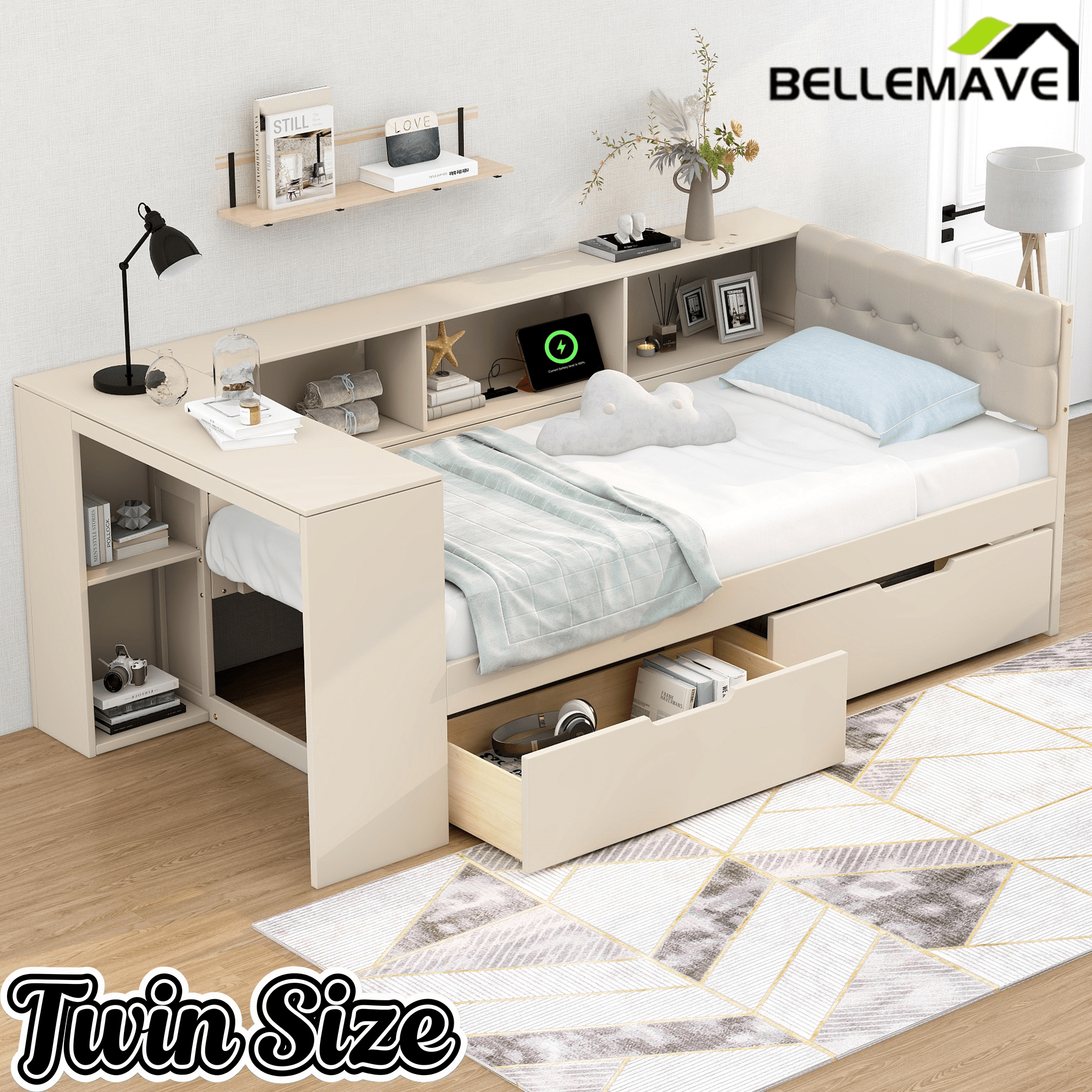 Bellemave® Full Size Corner Bed Frame with Storage Drawers and Desk,Captain Daybed with L - Shaped Bookcase,Corner Bed Frame Full Size with Charging Station for Kids,Teens,Guests,Cream - Bellemave