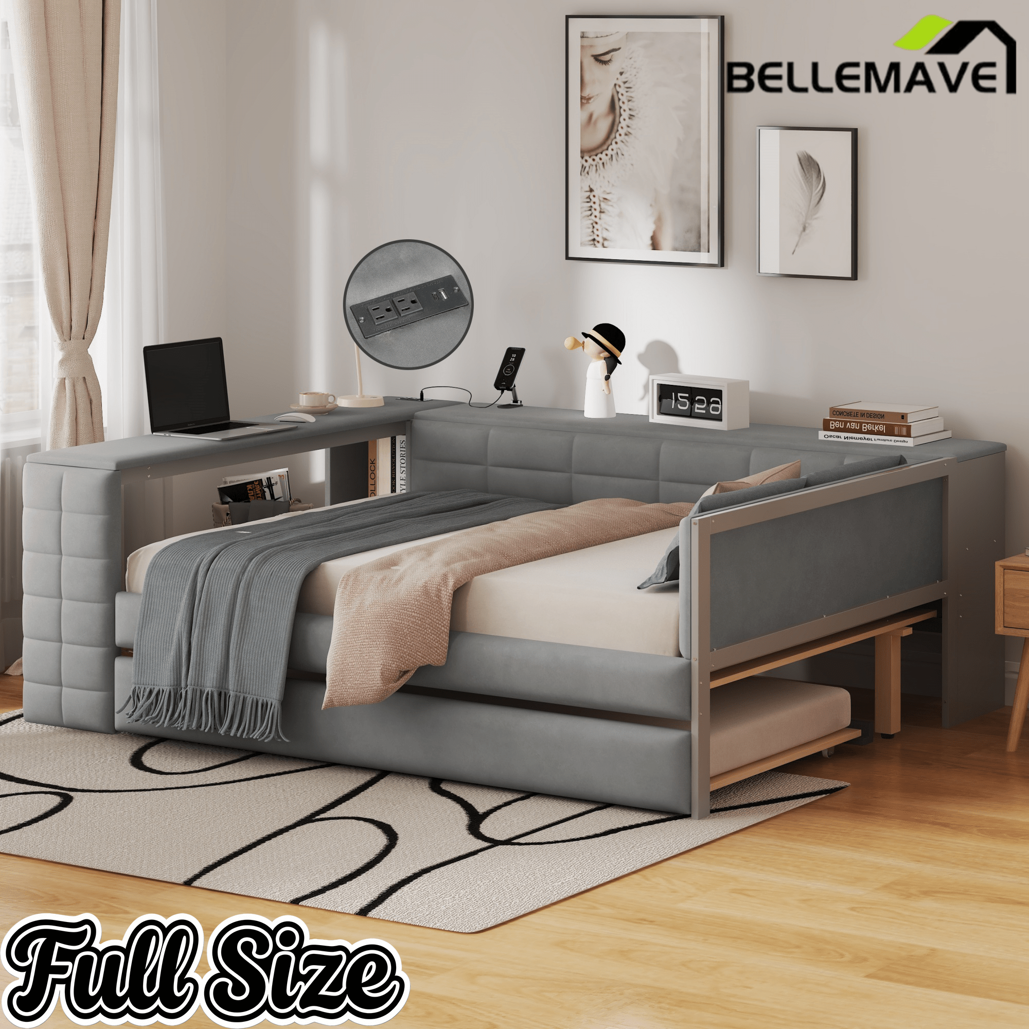Bellemave® Full Size Corner Bed Frame with Storage Drawers and Desk,Captain Daybed with L - Shaped Bookcase,Corner Bed Frame Full Size with Charging Station for Kids,Teens,Guests,Cream - Bellemave