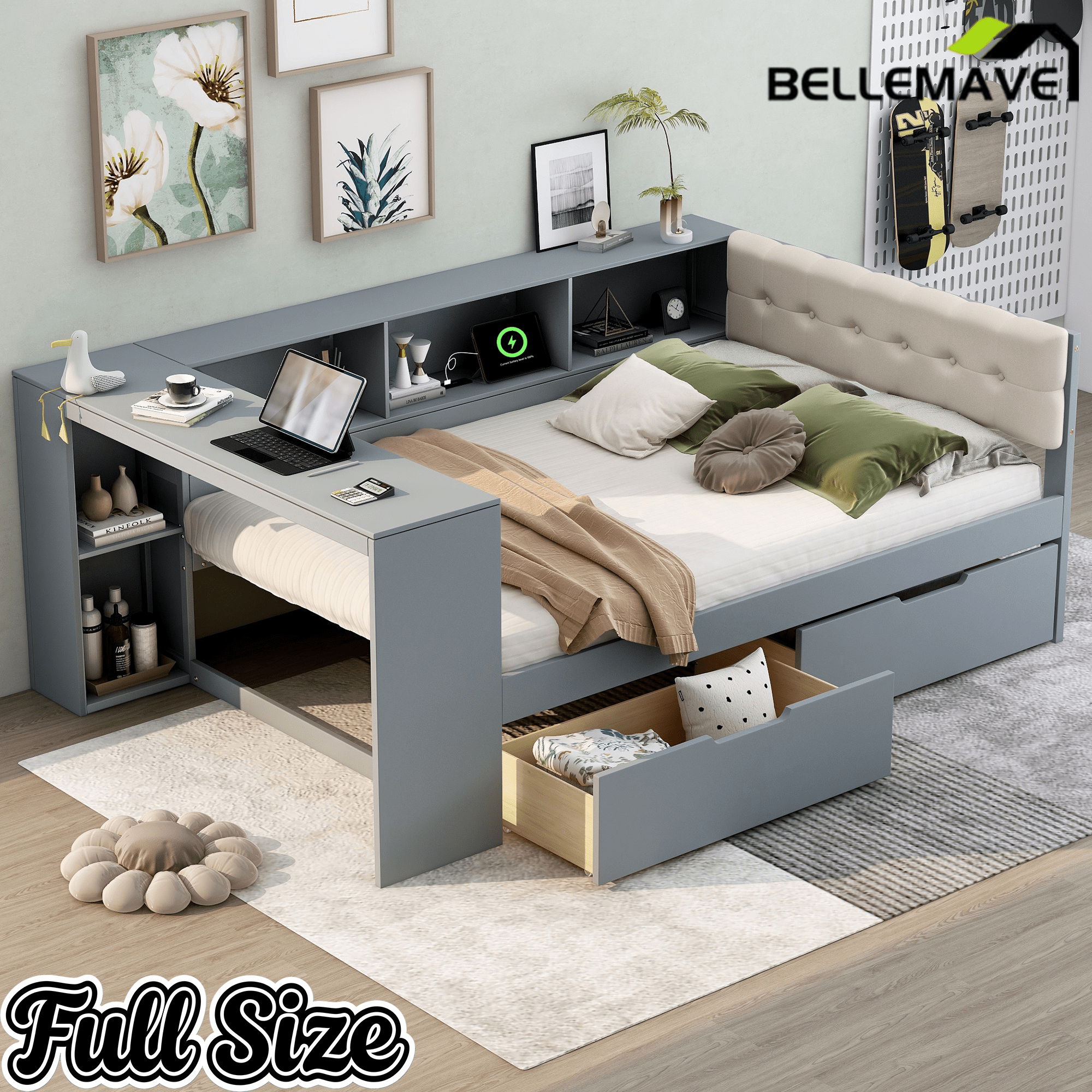 Bellemave® Full Size Corner Bed Frame with Storage Drawers and Desk,Captain Daybed with L - Shaped Bookcase,Corner Bed Frame Full Size with Charging Station for Kids,Teens,Guests,Cream - Bellemave