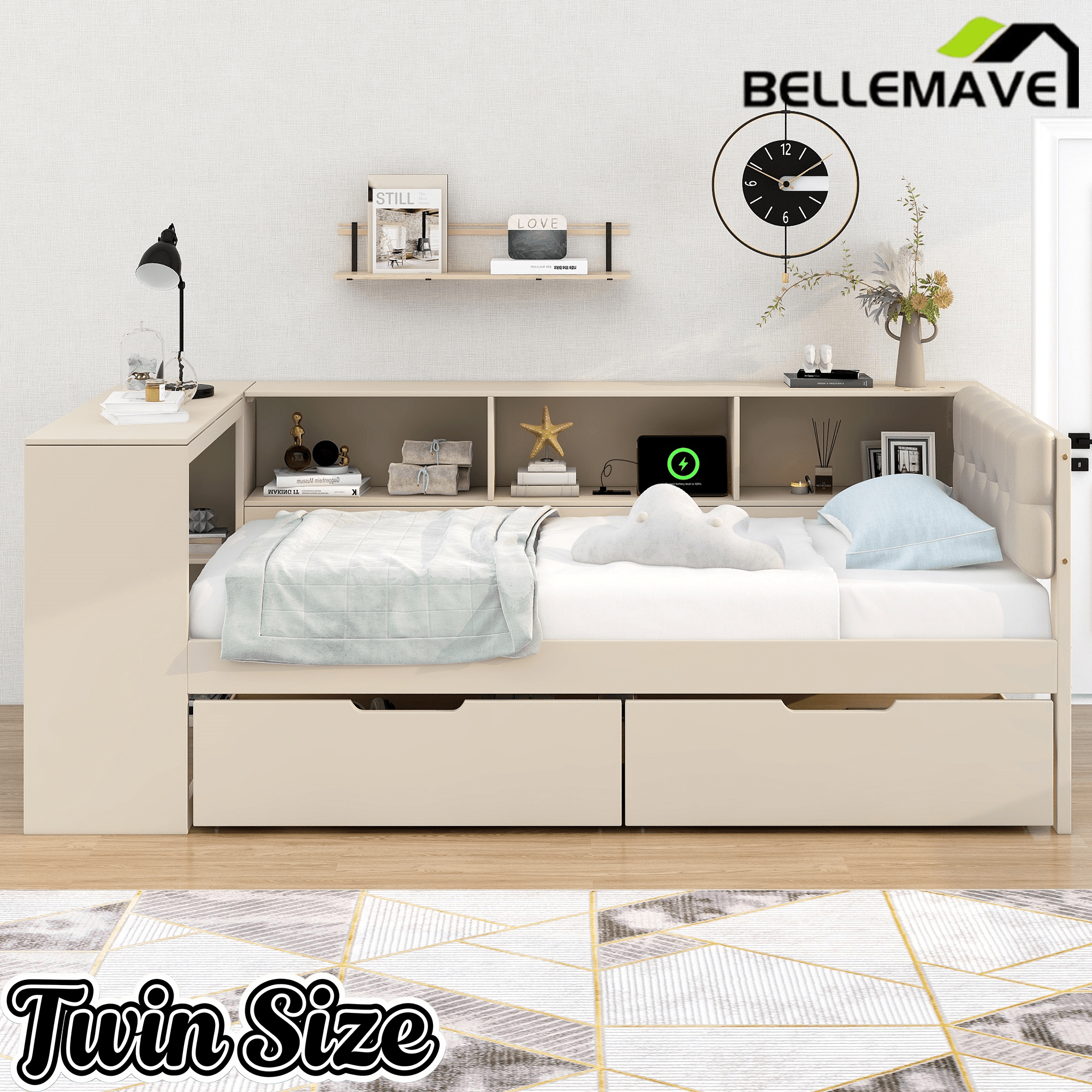 Bellemave® Full Size Corner Bed Frame with Storage Drawers and Desk,Captain Daybed with L - Shaped Bookcase,Corner Bed Frame Full Size with Charging Station for Kids,Teens,Guests,Cream - Bellemave
