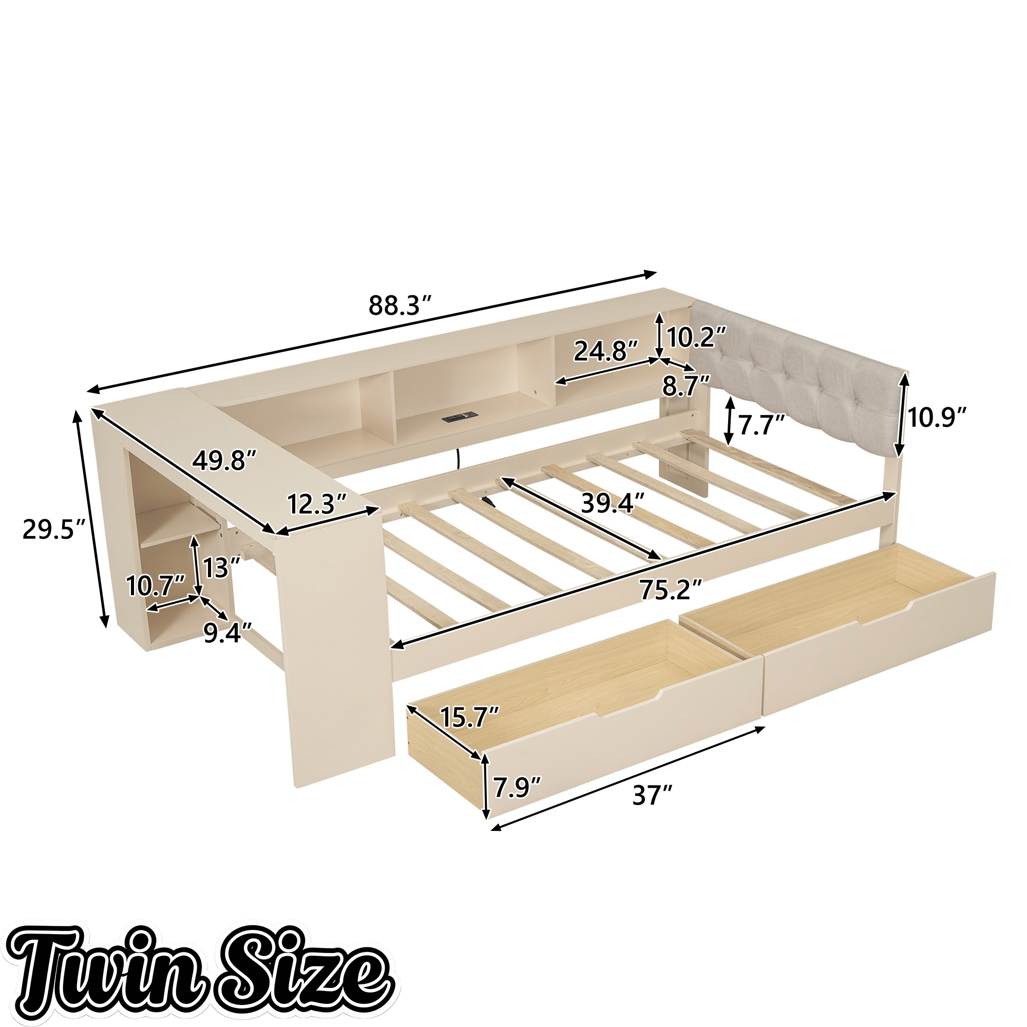 Bellemave® Full Size Corner Bed Frame with Storage Drawers and Desk,Captain Daybed with L - Shaped Bookcase,Corner Bed Frame Full Size with Charging Station for Kids,Teens,Guests,Cream - Bellemave