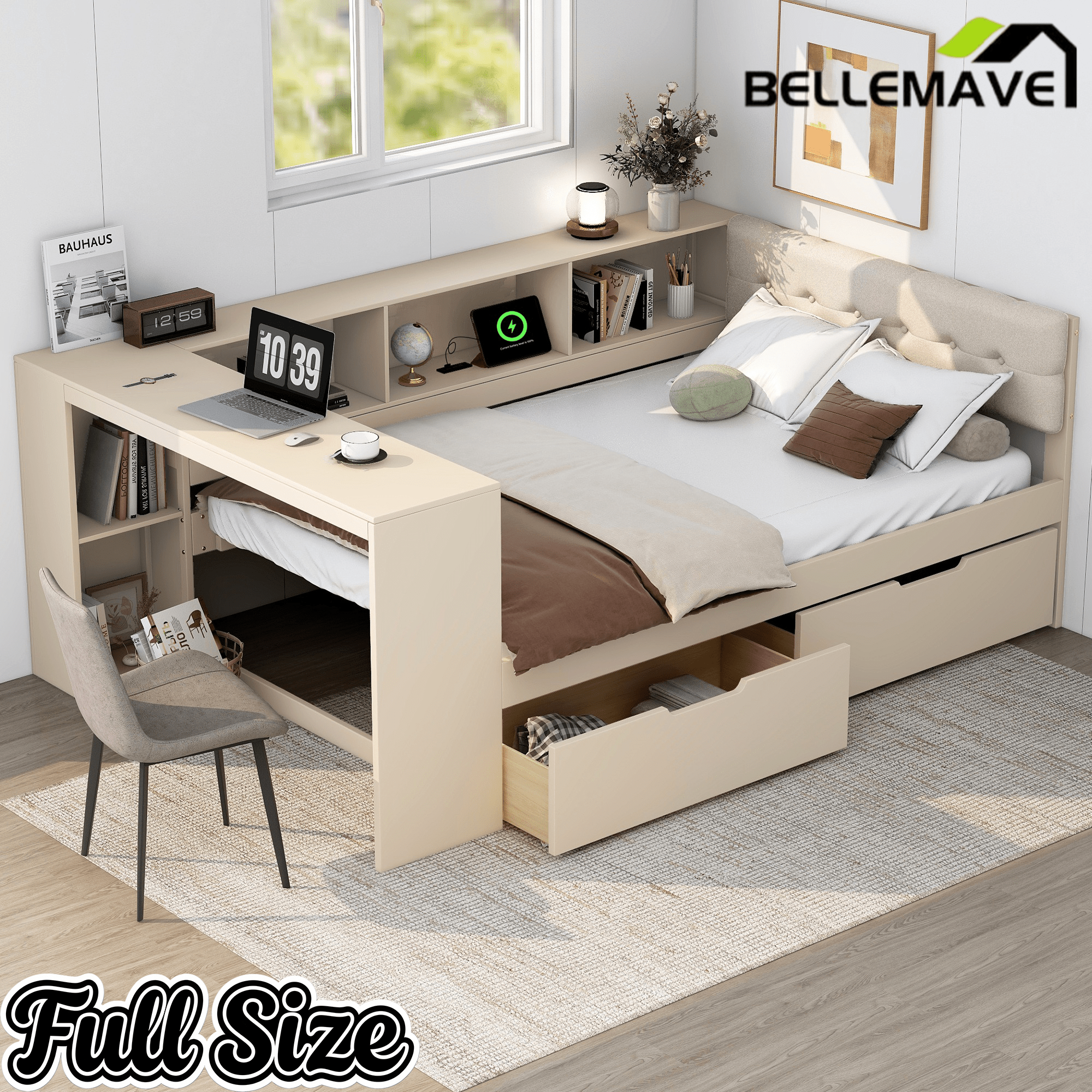 Bellemave® Full Size Corner Bed Frame with Storage Drawers and Desk,Captain Daybed with L - Shaped Bookcase,Corner Bed Frame Full Size with Charging Station for Kids,Teens,Guests,Cream - Bellemave