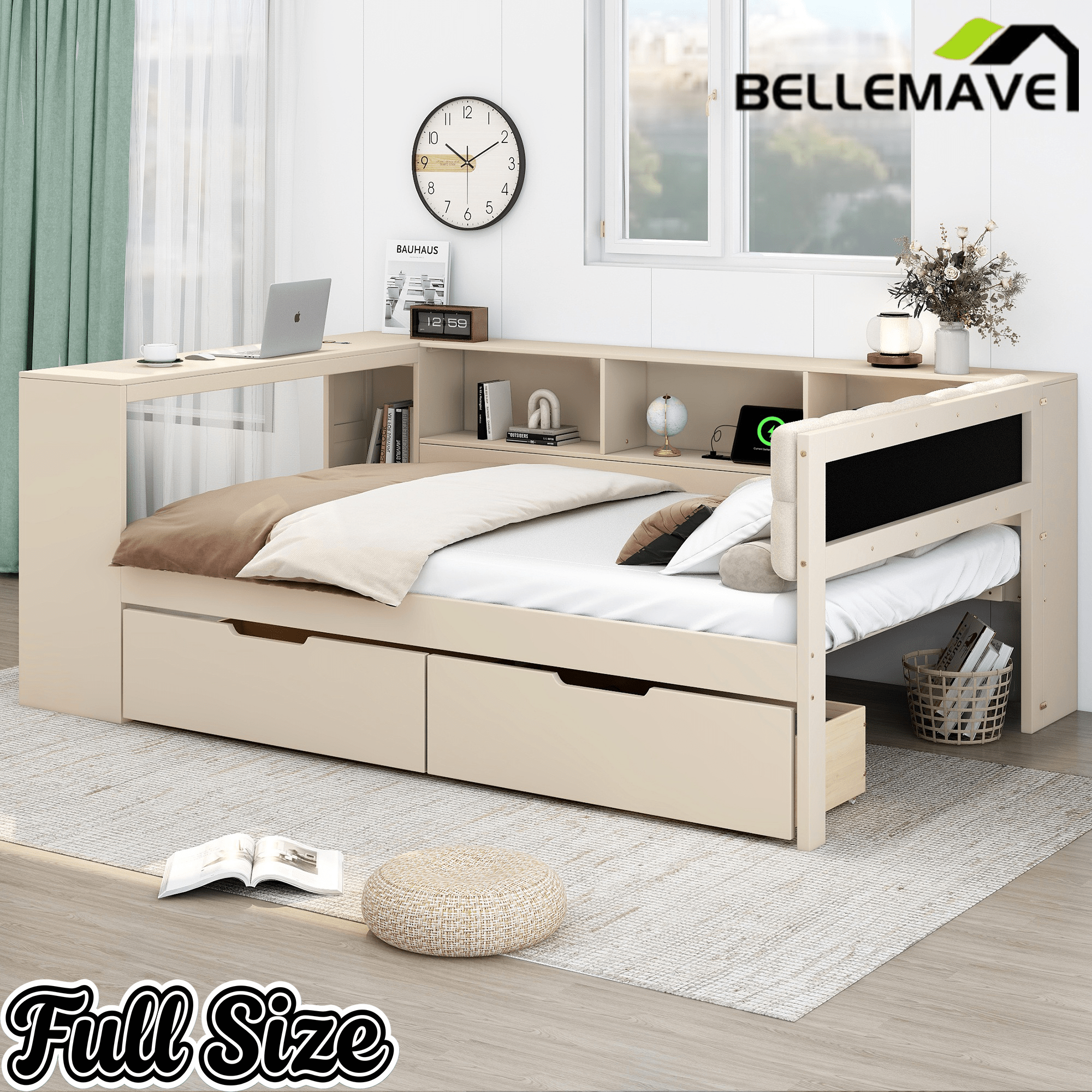Bellemave® Full Size Corner Bed Frame with Storage Drawers and Desk,Captain Daybed with L - Shaped Bookcase,Corner Bed Frame Full Size with Charging Station for Kids,Teens,Guests,Cream - Bellemave