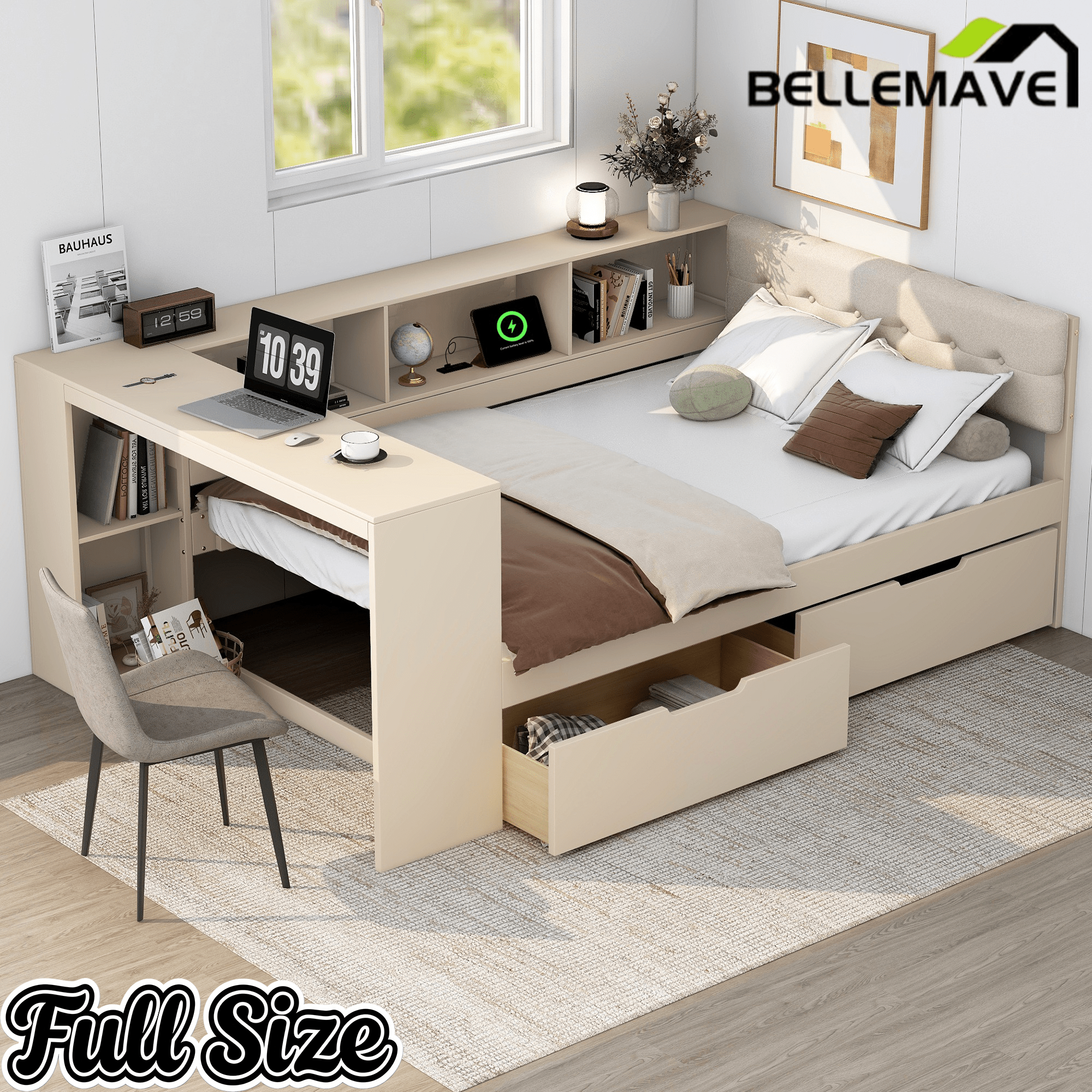 Bellemave® Full Size Corner Bed Frame with Storage Drawers and Desk,Captain Daybed with L - Shaped Bookcase,Corner Bed Frame Full Size with Charging Station for Kids,Teens,Guests,Cream - Bellemave