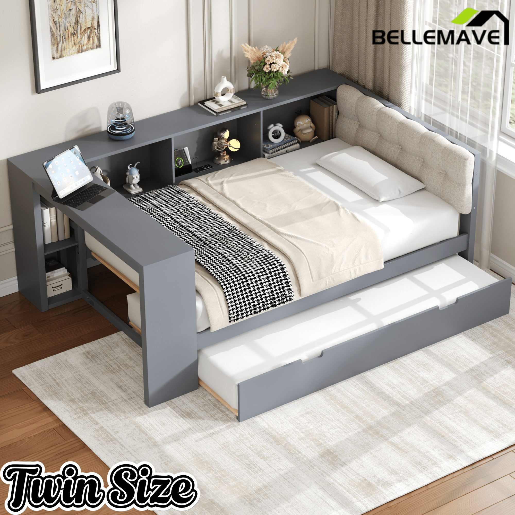 Bellemave® Full Size Corner Bed Frame with Storage Drawers and Desk,Captain Daybed with L - Shaped Bookcase,Corner Bed Frame Full Size with Charging Station for Kids,Teens,Guests,Cream - Bellemave