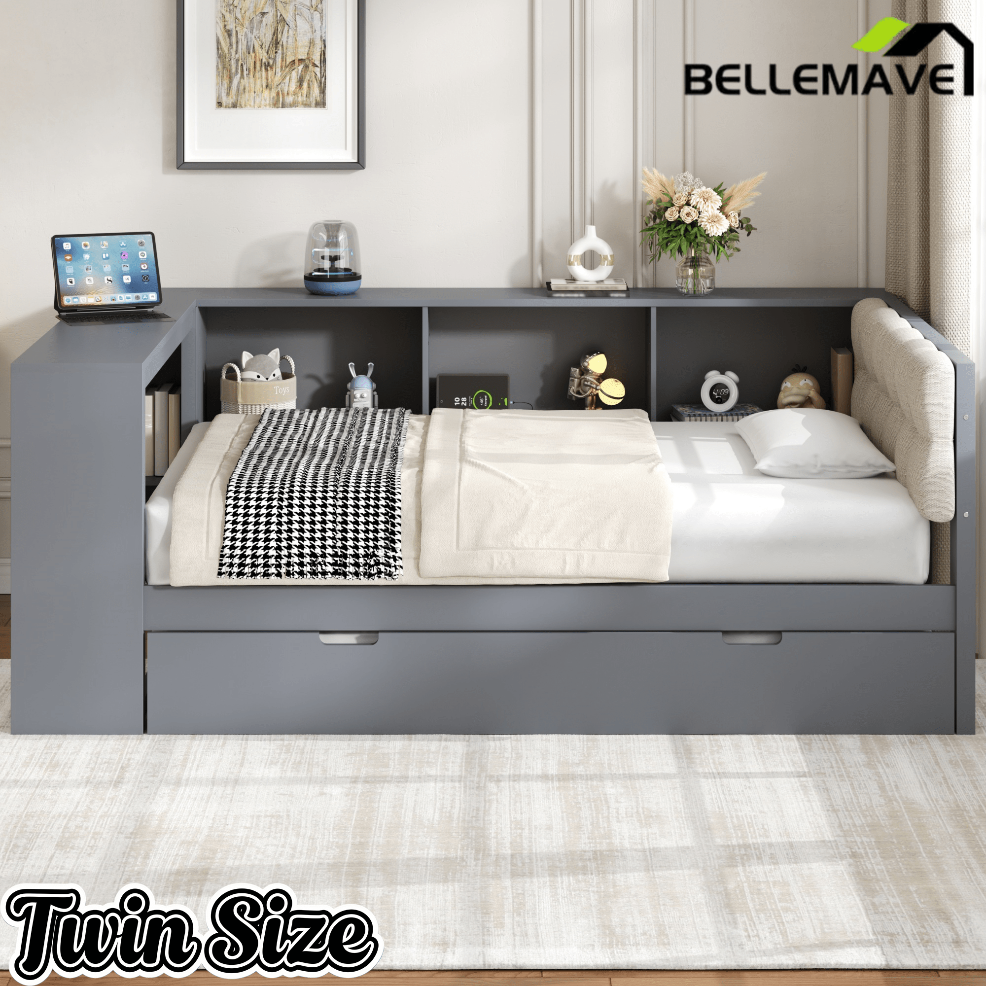 Bellemave® Full Size Corner Bed Frame with Storage Drawers and Desk,Captain Daybed with L - Shaped Bookcase,Corner Bed Frame Full Size with Charging Station for Kids,Teens,Guests,Cream - Bellemave