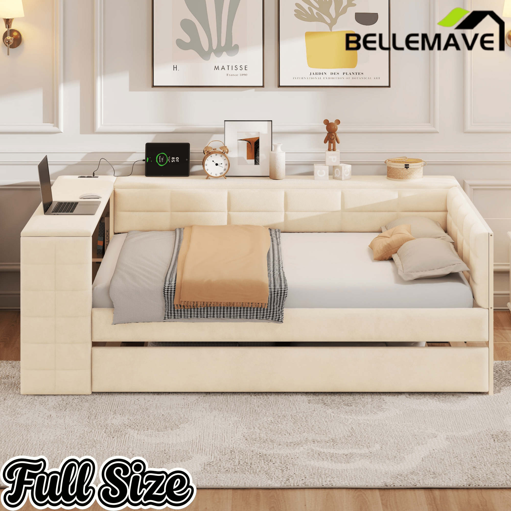Bellemave® Full Size Corner Bed Frame with Storage Drawers and Desk,Captain Daybed with L - Shaped Bookcase,Corner Bed Frame Full Size with Charging Station for Kids,Teens,Guests,Cream - Bellemave