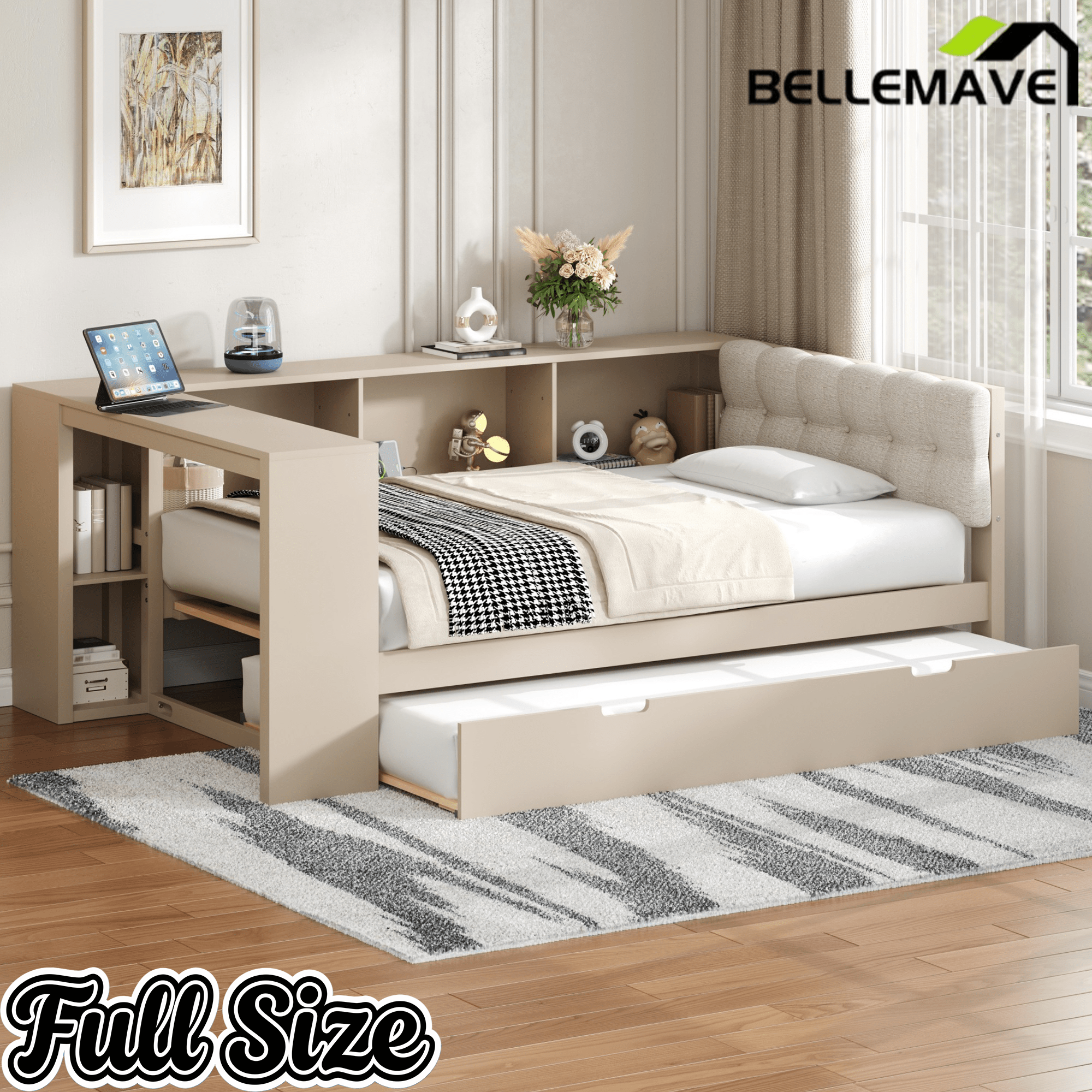Bellemave® Full Size Corner Bed Frame with Storage Drawers and Desk,Captain Daybed with L - Shaped Bookcase,Corner Bed Frame Full Size with Charging Station for Kids,Teens,Guests,Cream - Bellemave