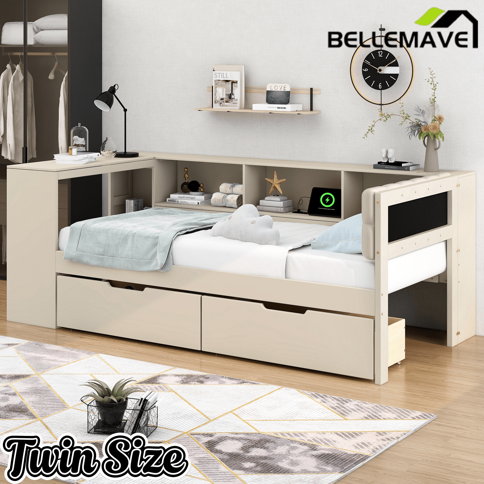 Bellemave® Full Size Corner Bed Frame with Storage Drawers and Desk,Captain Daybed with L - Shaped Bookcase,Corner Bed Frame Full Size with Charging Station for Kids,Teens,Guests,Cream - Bellemave