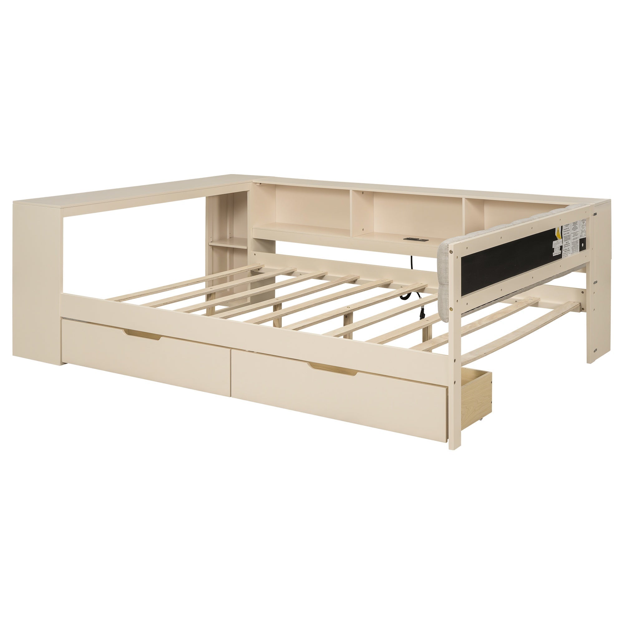Bellemave® Full Size Corner Bed Frame with Storage Drawers and Desk,Captain Daybed with L - Shaped Bookcase,Corner Bed Frame Full Size with Charging Station for Kids,Teens,Guests,Cream - Bellemave