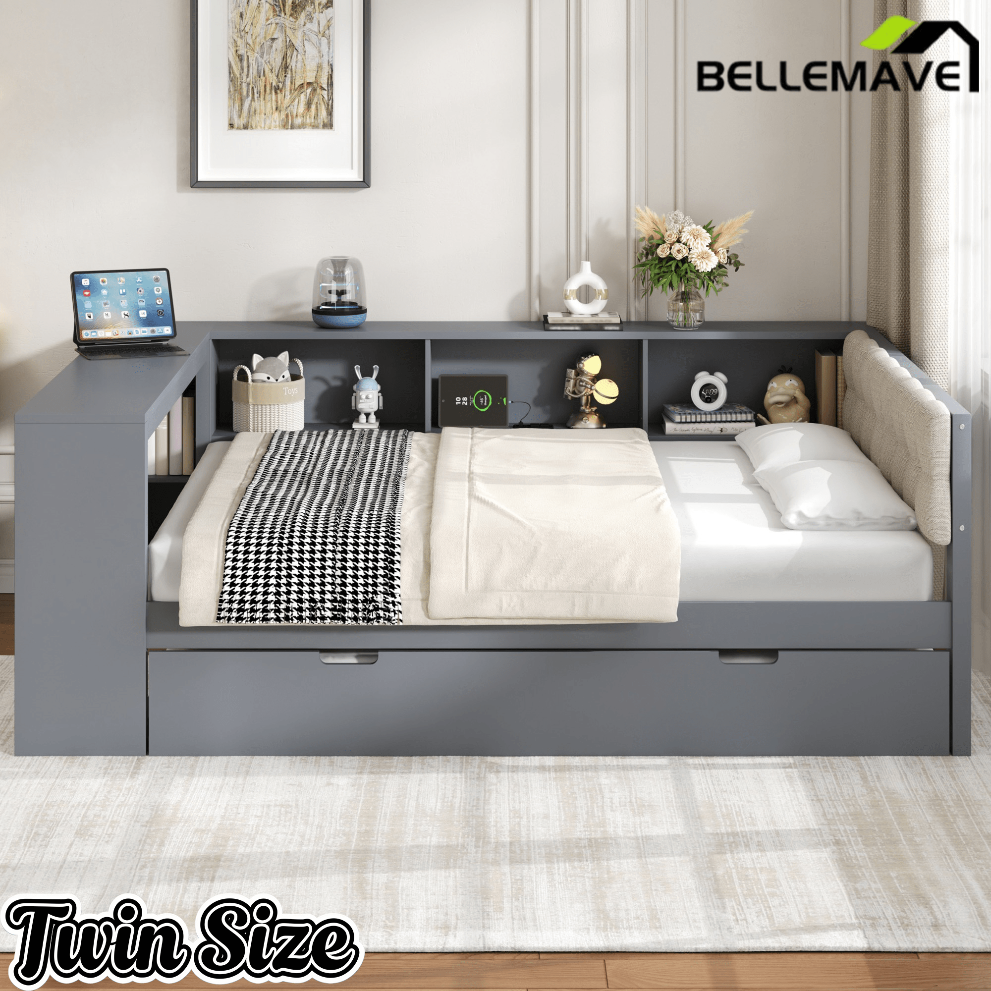 Bellemave® Full Size Corner Bed Frame with Storage Drawers and Desk,Captain Daybed with L - Shaped Bookcase,Corner Bed Frame Full Size with Charging Station for Kids,Teens,Guests,Cream - Bellemave