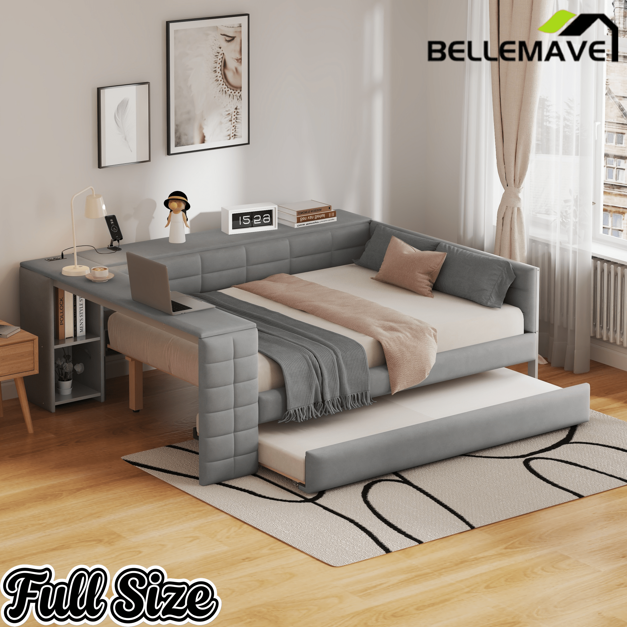 Bellemave® Full Size Corner Bed Frame with Storage Drawers and Desk,Captain Daybed with L - Shaped Bookcase,Corner Bed Frame Full Size with Charging Station for Kids,Teens,Guests,Cream - Bellemave