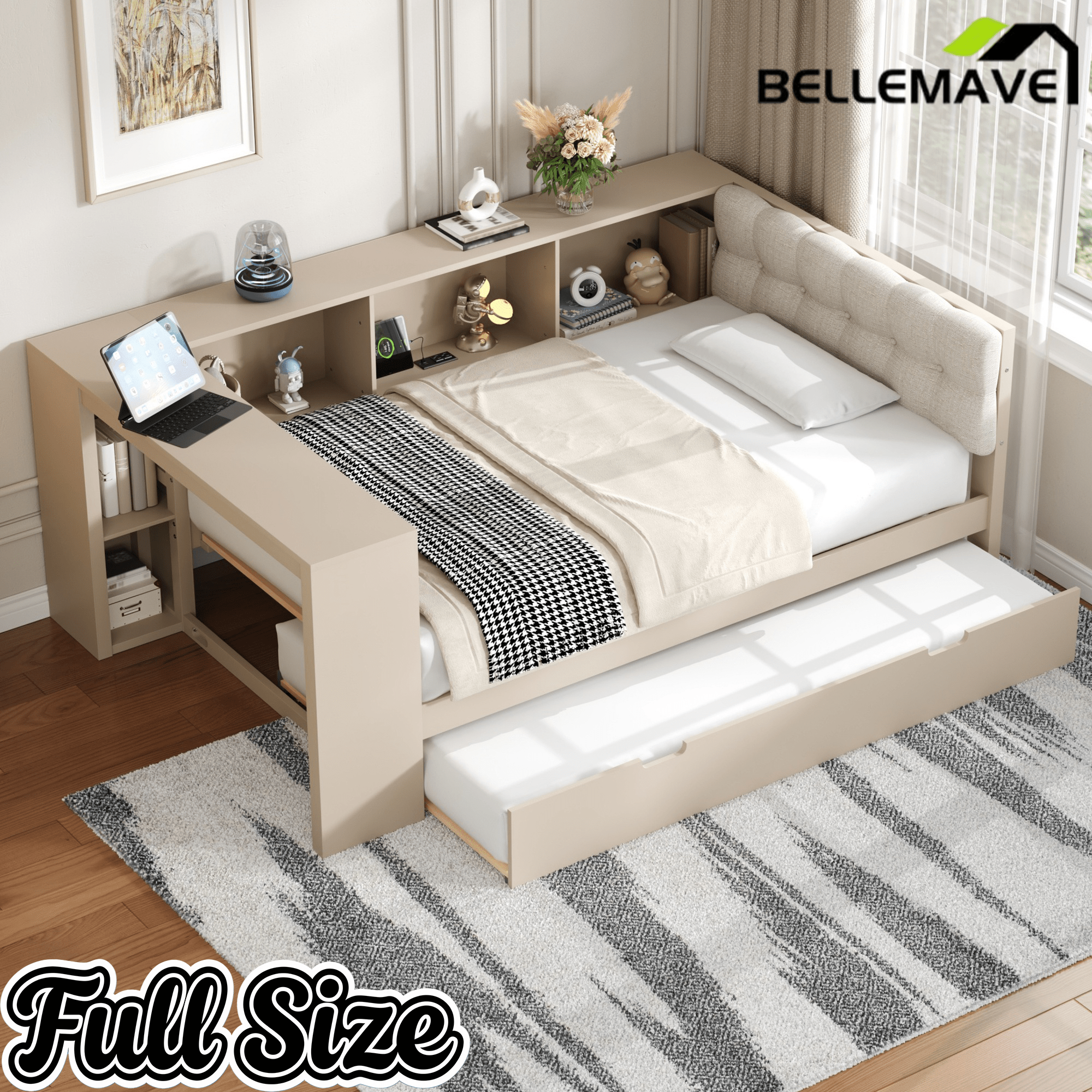 Bellemave® Full Size Corner Bed Frame with Storage Drawers and Desk,Captain Daybed with L - Shaped Bookcase,Corner Bed Frame Full Size with Charging Station for Kids,Teens,Guests,Cream - Bellemave