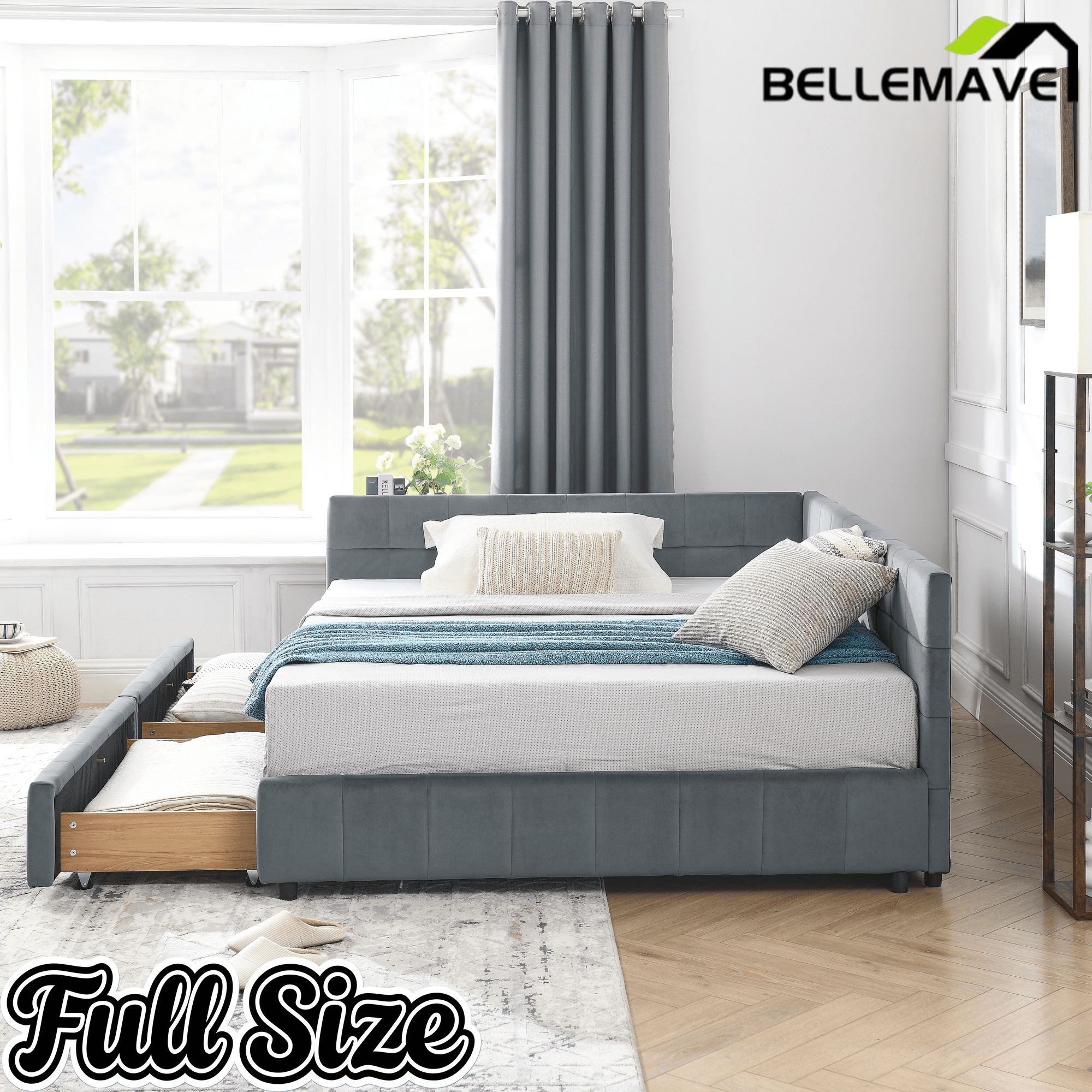Bellemave® Full Size Corner Bed Frame with Storage Drawers, Comfortable Backrest and Armrests, Upholstered Daybed, Gary - Bellemave