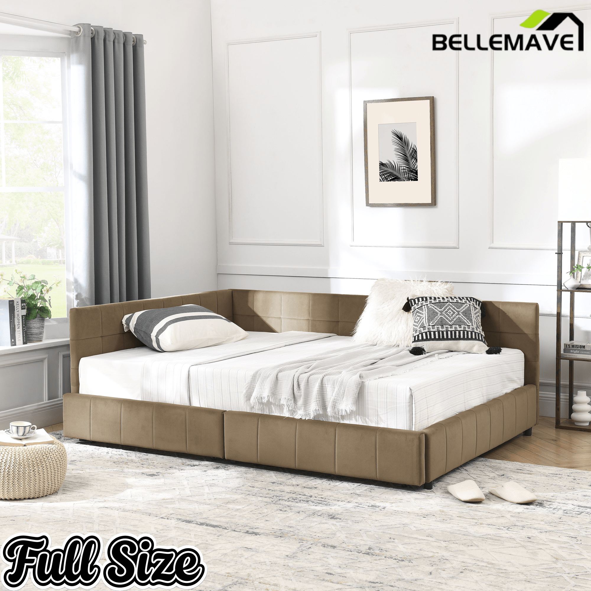 Bellemave® Full Size Corner Bed Frame with Storage Drawers, Comfortable Backrest and Armrests, Upholstered Daybed, Gary - Bellemave