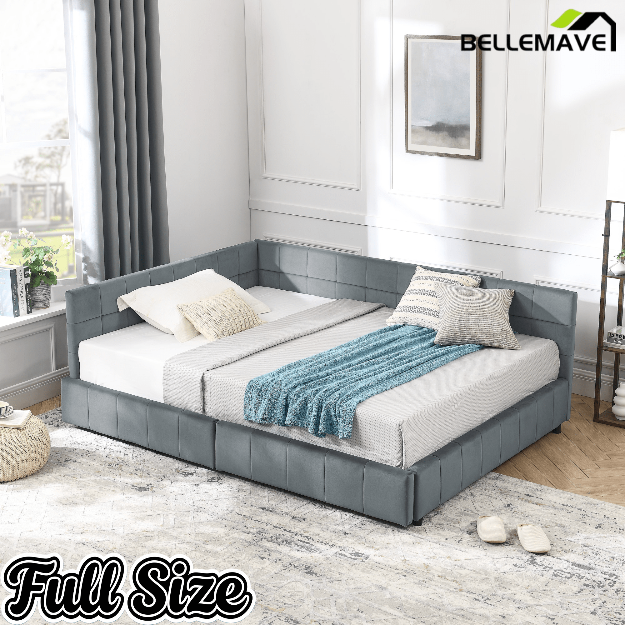 Bellemave® Full Size Corner Bed Frame with Storage Drawers, Comfortable Backrest and Armrests, Upholstered Daybed, Gary - Bellemave