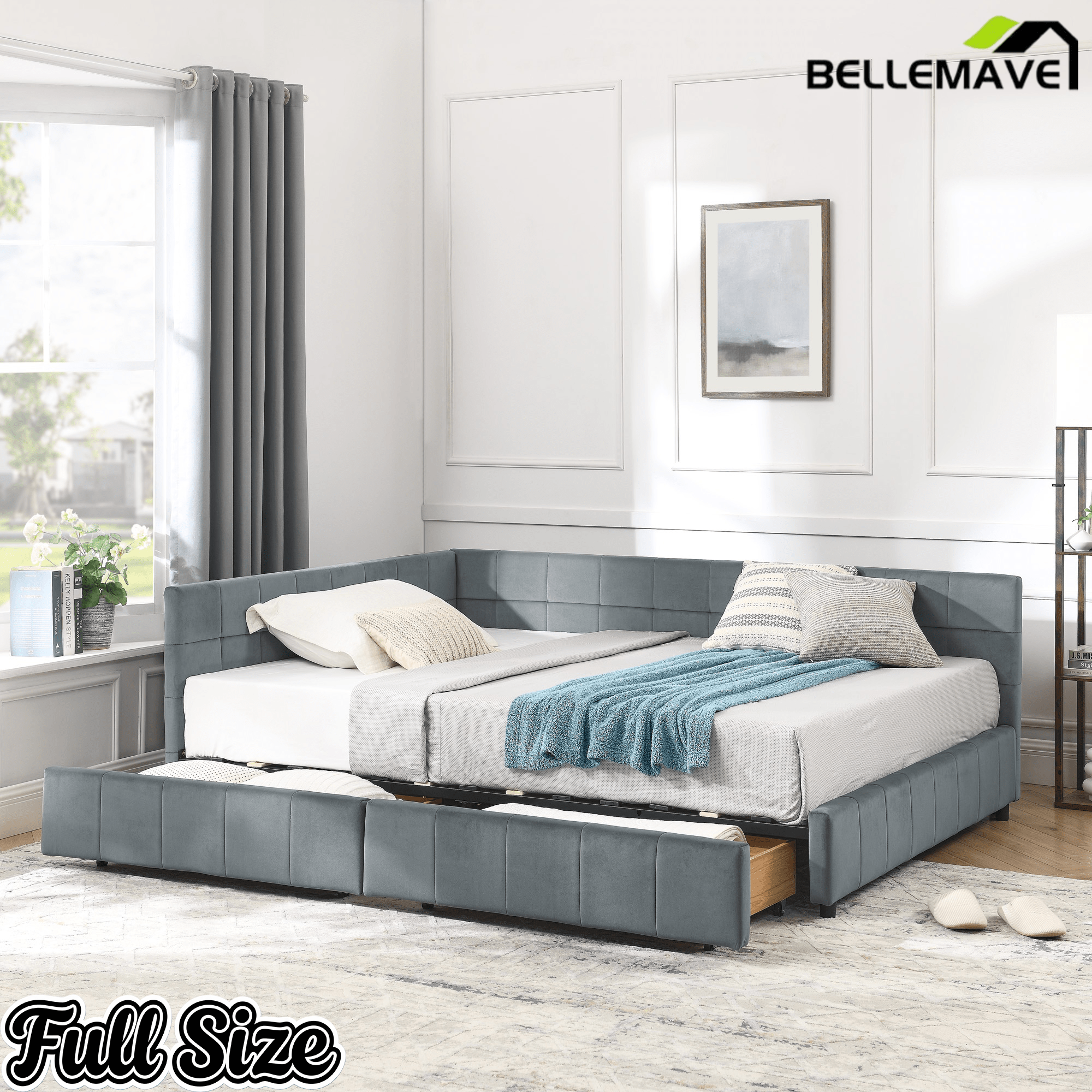 Bellemave® Full Size Corner Bed Frame with Storage Drawers, Comfortable Backrest and Armrests, Upholstered Daybed, Gary - Bellemave