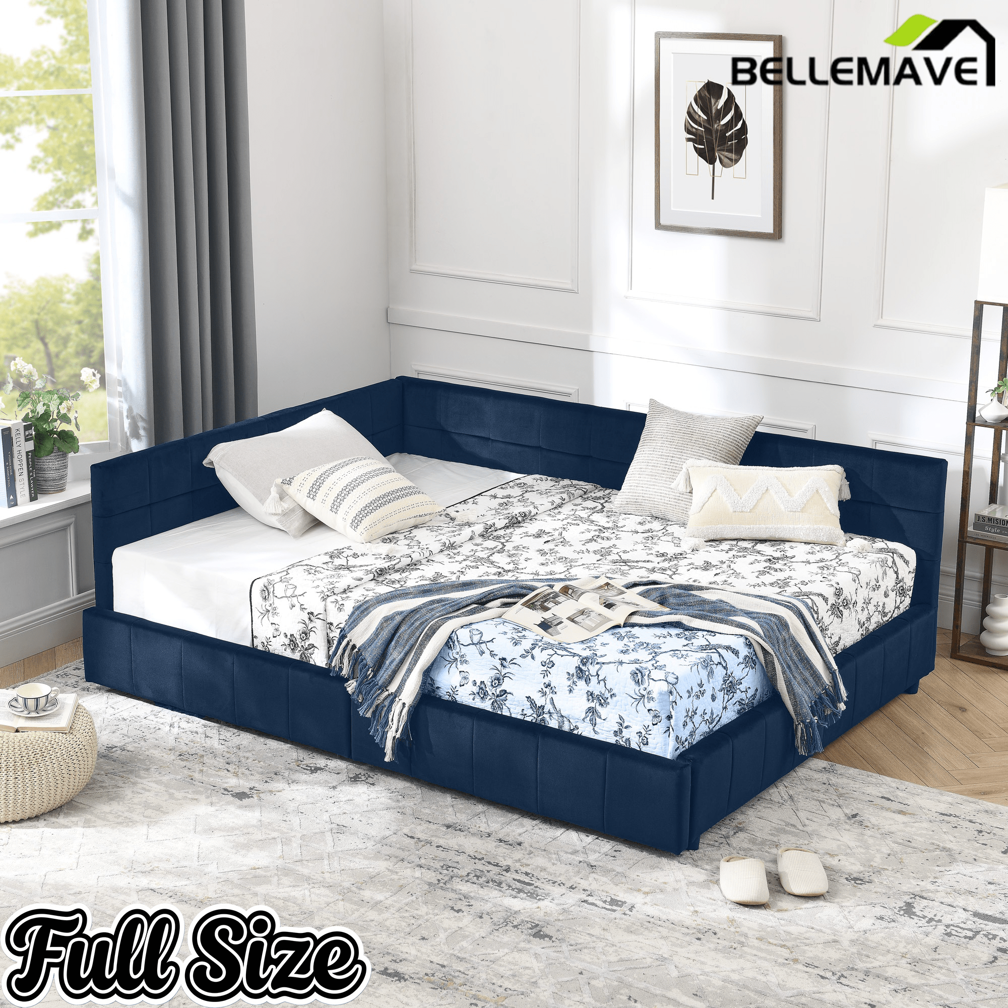 Bellemave® Full Size Corner Bed Frame with Storage Drawers, Comfortable Backrest and Armrests, Upholstered Daybed, Gary - Bellemave