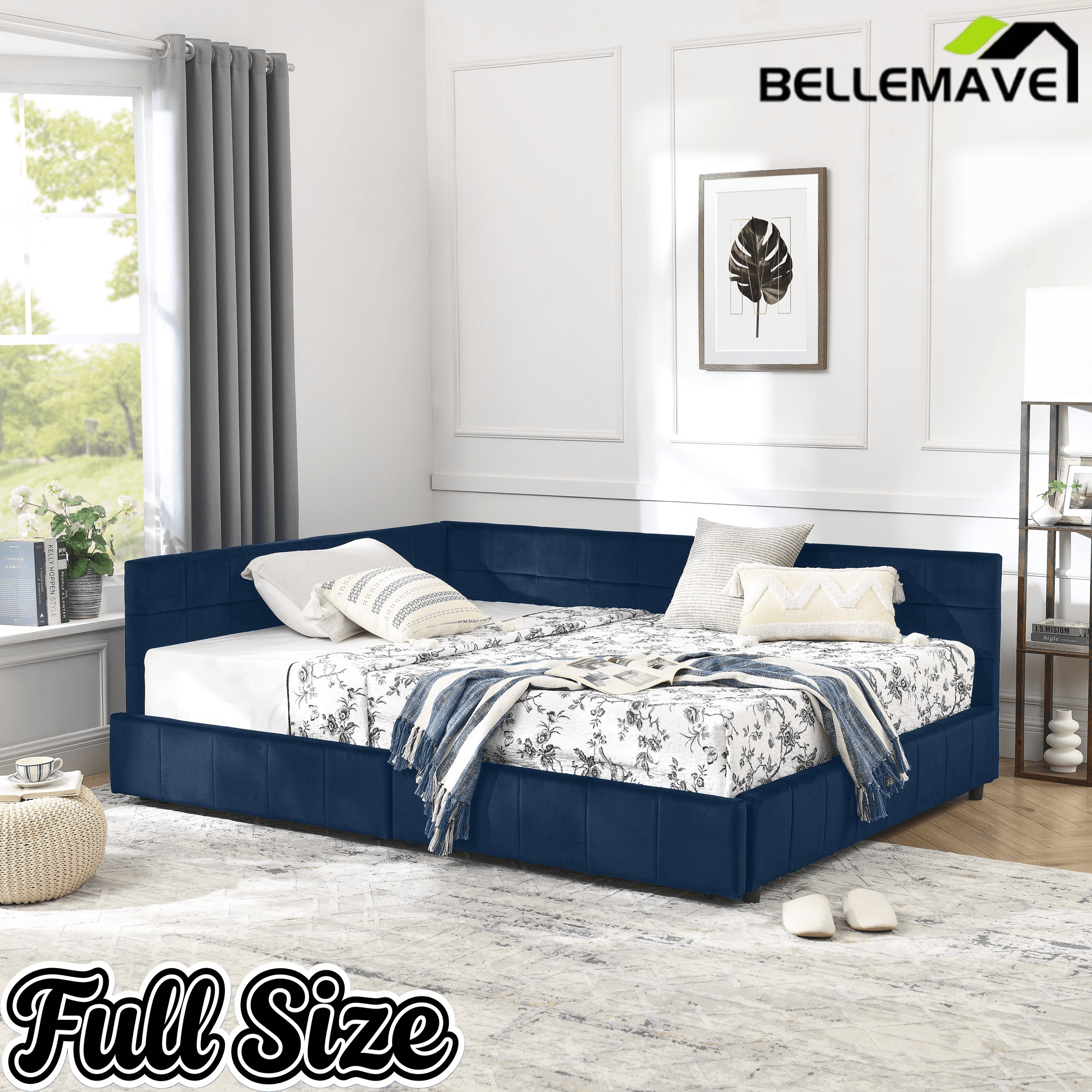 Bellemave® Full Size Corner Bed Frame with Storage Drawers, Comfortable Backrest and Armrests, Upholstered Daybed, Gary - Bellemave