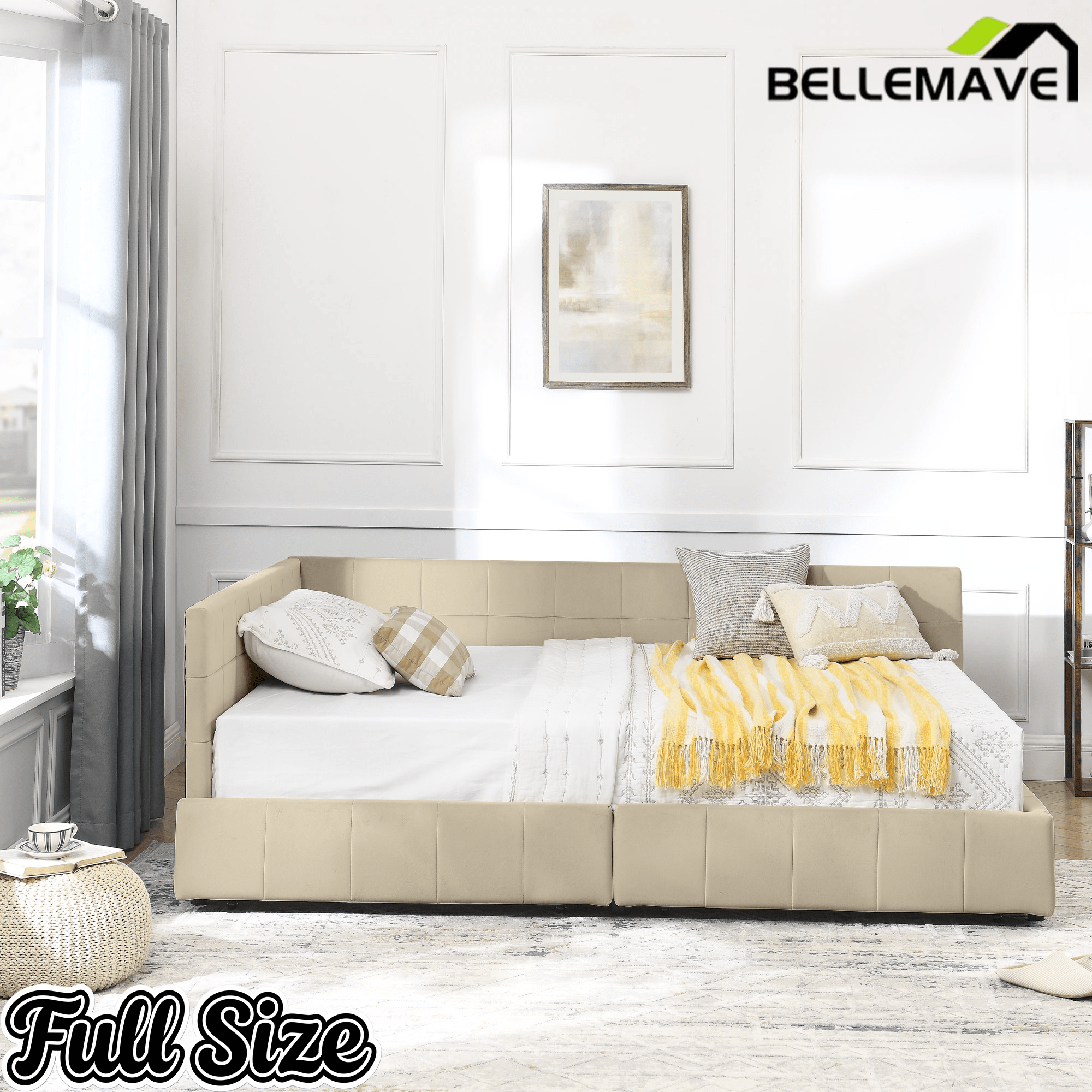 Bellemave® Full Size Corner Bed Frame with Storage Drawers, Comfortable Backrest and Armrests, Upholstered Daybed, Gary - Bellemave