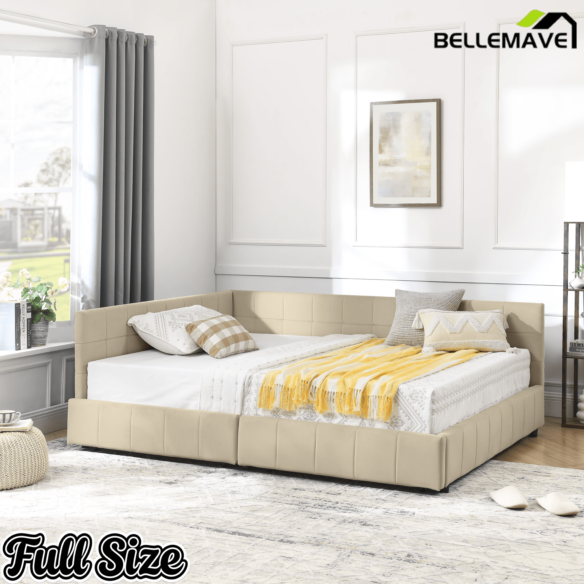 Bellemave® Full Size Corner Bed Frame with Storage Drawers, Comfortable Backrest and Armrests, Upholstered Daybed, Gary - Bellemave