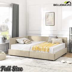 Bellemave® Full Size Corner Bed Frame with Storage Drawers, Comfortable Backrest and Armrests, Upholstered Daybed, Gary - Bellemave