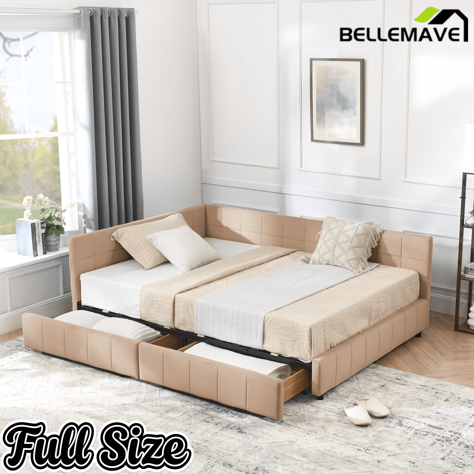 Bellemave® Full Size Corner Bed Frame with Storage Drawers, Comfortable Backrest and Armrests, Upholstered Daybed, Gary - Bellemave