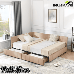 Bellemave® Full Size Corner Bed Frame with Storage Drawers, Comfortable Backrest and Armrests, Upholstered Daybed, Gary - Bellemave