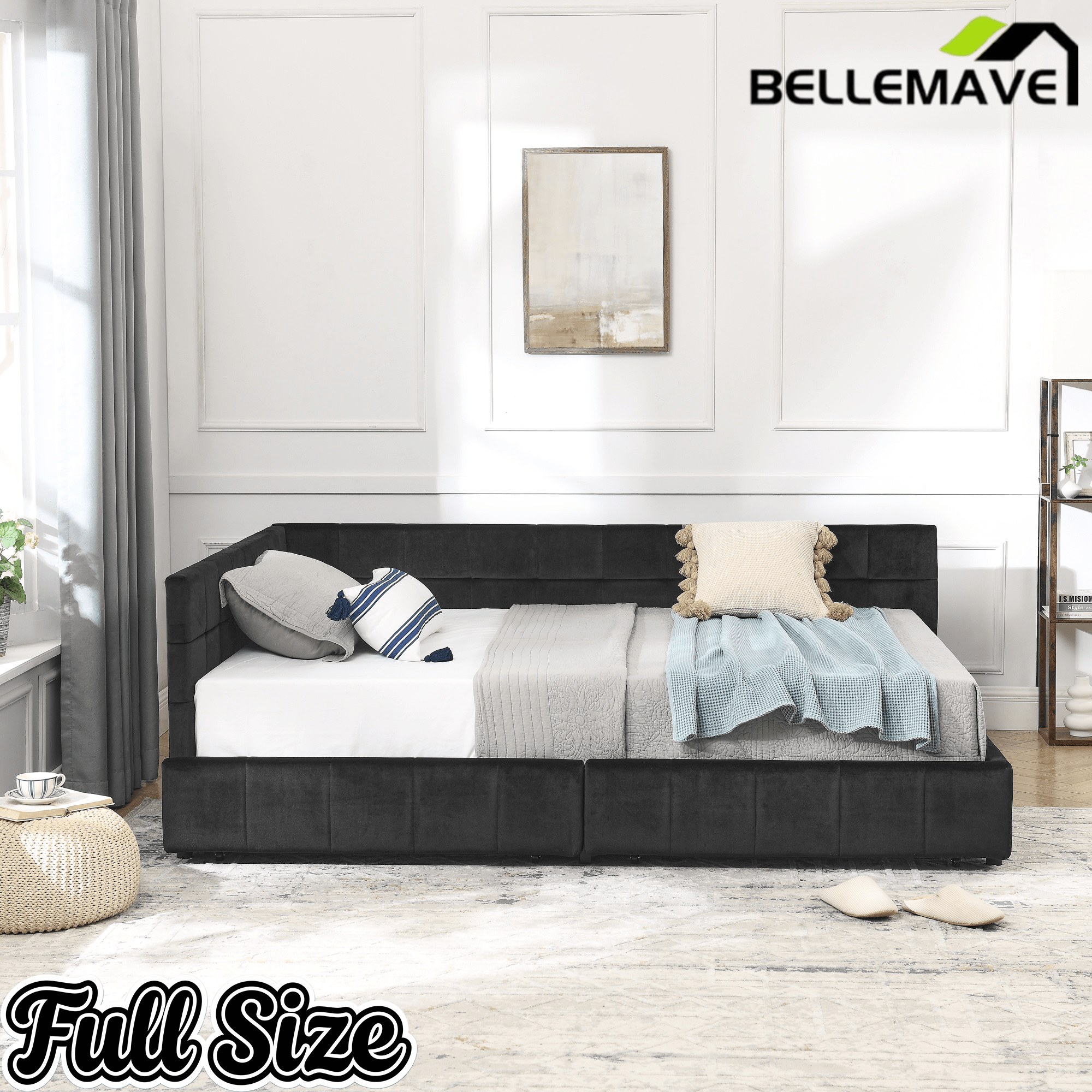 Bellemave® Full Size Corner Bed Frame with Storage Drawers, Comfortable Backrest and Armrests, Upholstered Daybed, Gary - Bellemave