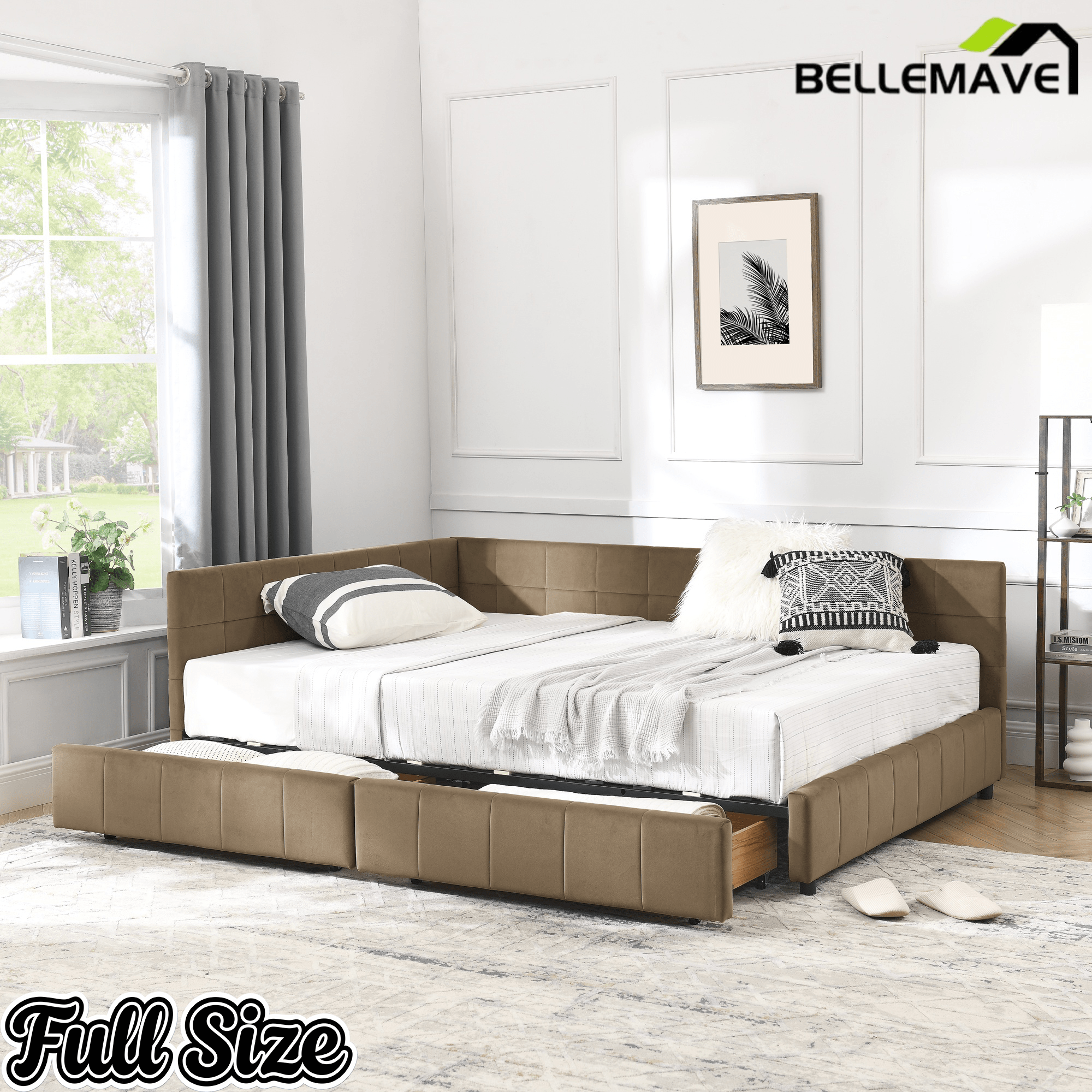 Bellemave® Full Size Corner Bed Frame with Storage Drawers, Comfortable Backrest and Armrests, Upholstered Daybed, Gary - Bellemave