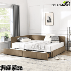 Bellemave® Full Size Corner Bed Frame with Storage Drawers, Comfortable Backrest and Armrests, Upholstered Daybed, Gary - Bellemave