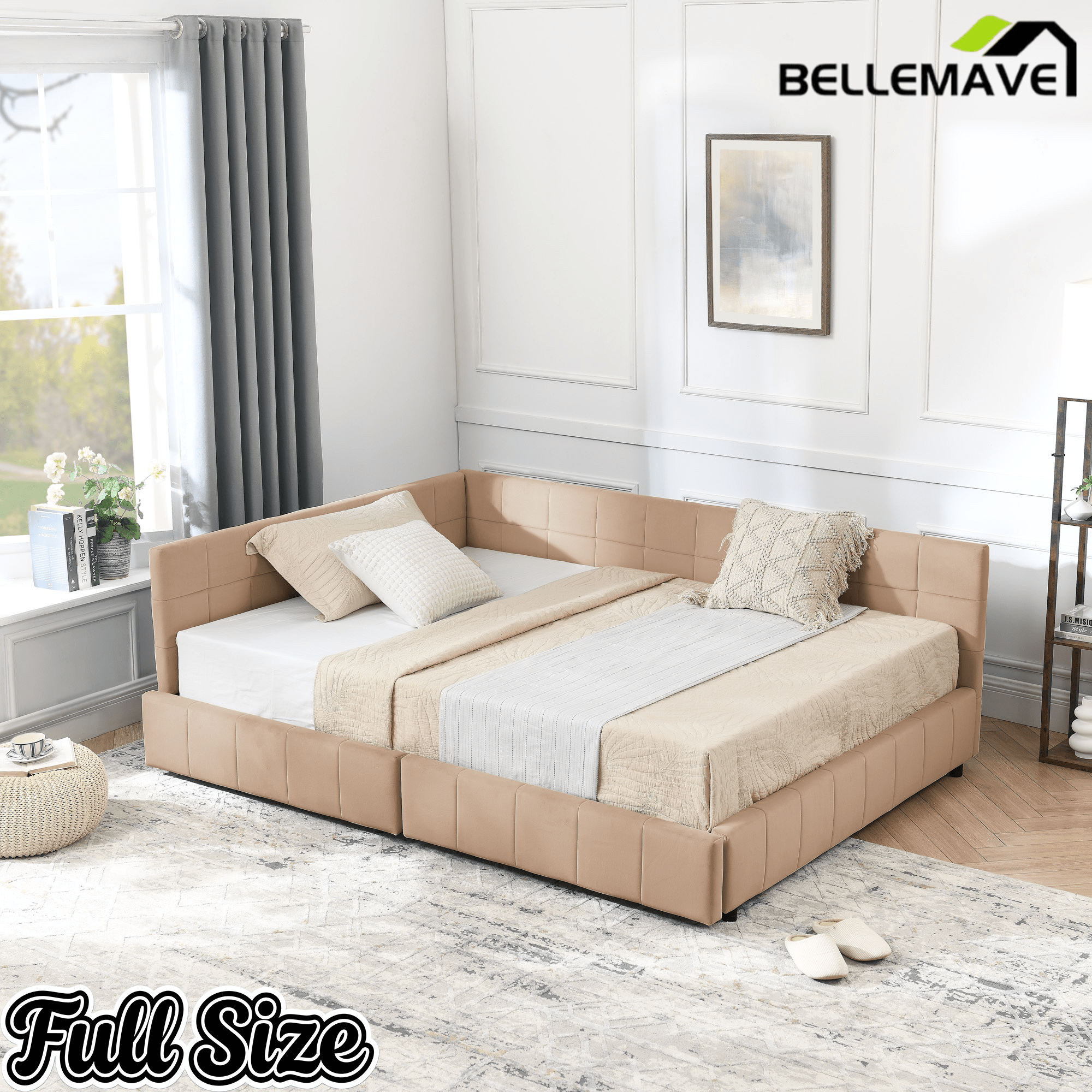 Bellemave® Full Size Corner Bed Frame with Storage Drawers, Comfortable Backrest and Armrests, Upholstered Daybed, Gary - Bellemave