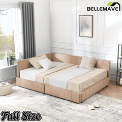 Bellemave® Full Size Corner Bed Frame with Storage Drawers, Comfortable Backrest and Armrests, Upholstered Daybed, Gary - Bellemave