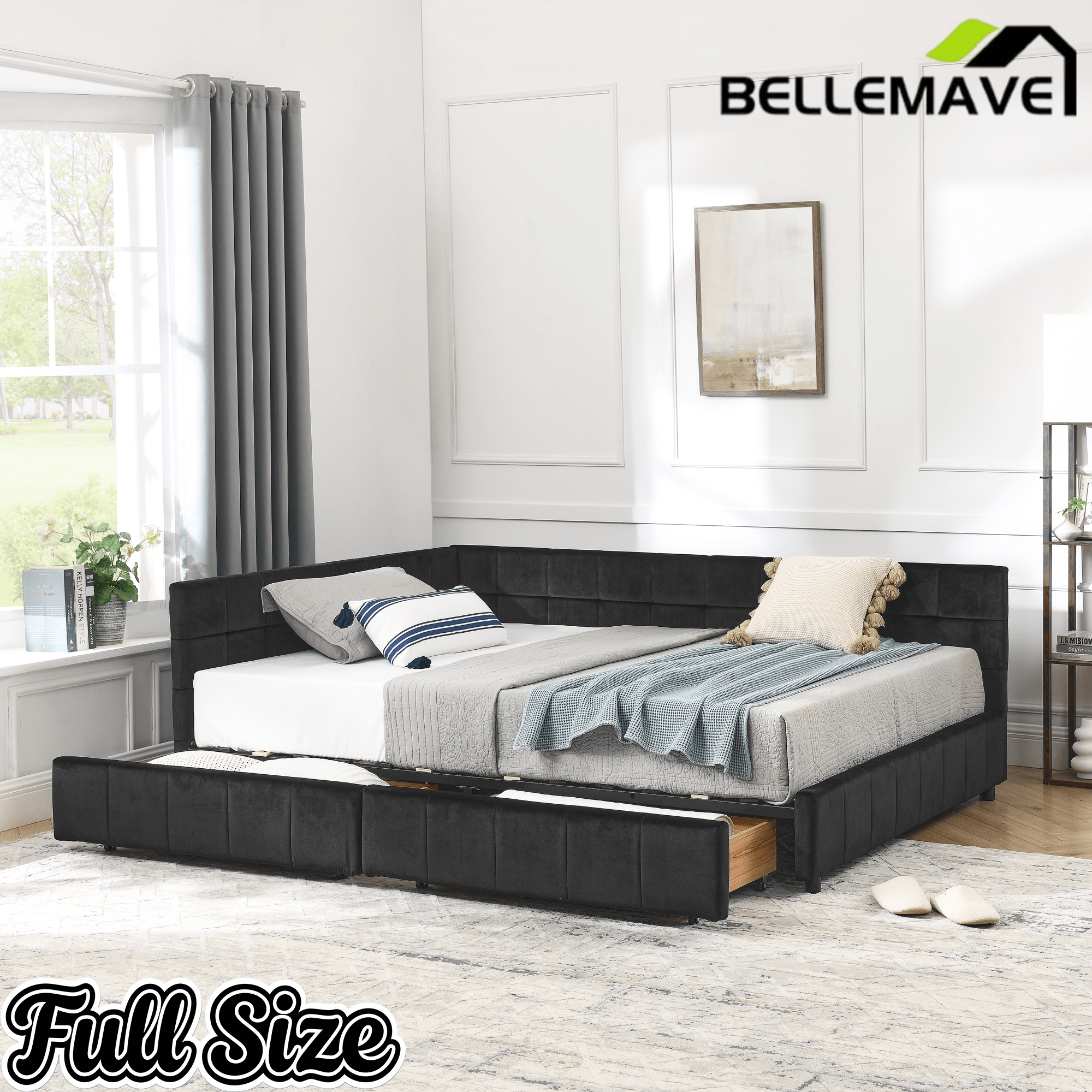 Bellemave® Full Size Corner Bed Frame with Storage Drawers, Comfortable Backrest and Armrests, Upholstered Daybed, Gary - Bellemave