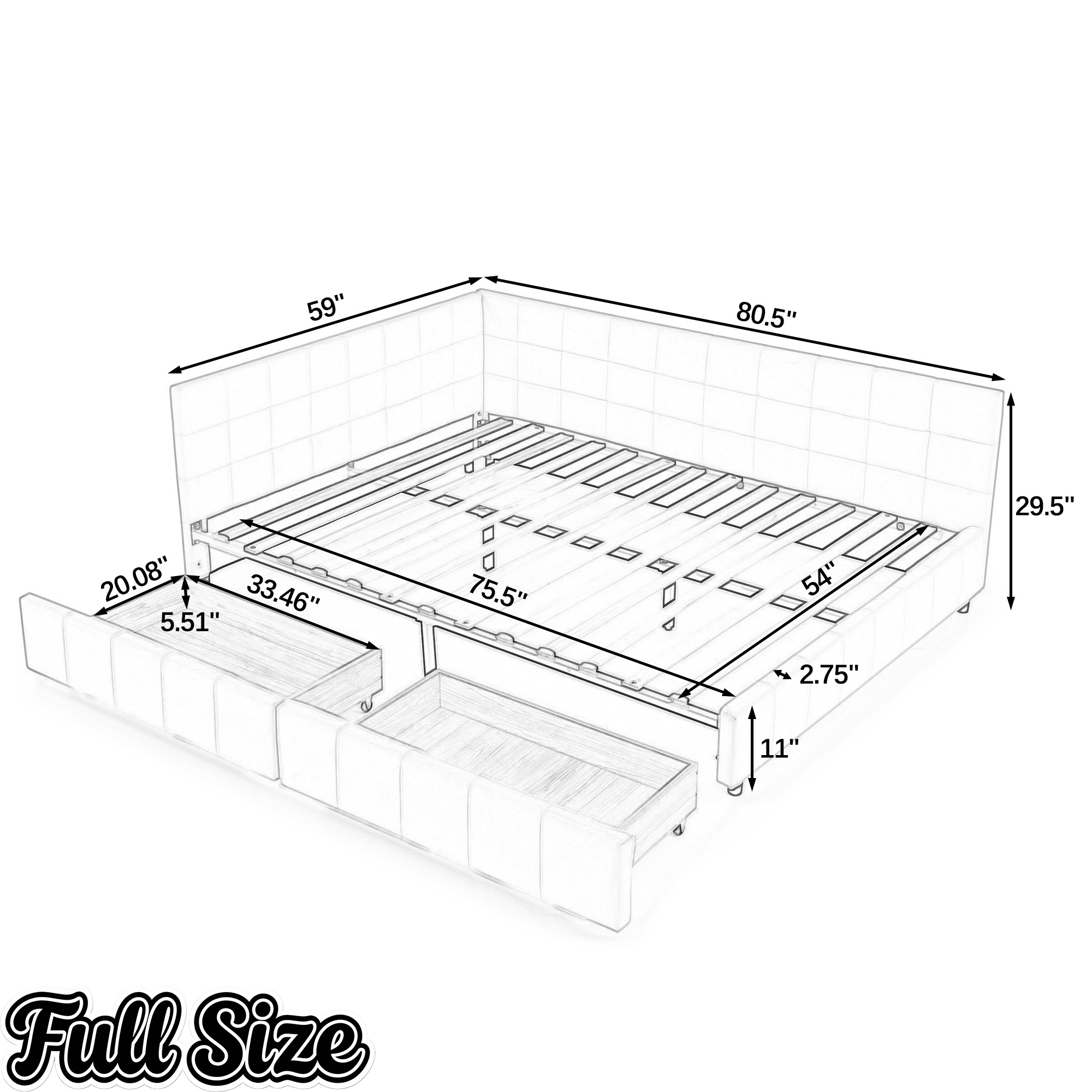 Bellemave® Full Size Corner Bed Frame with Storage Drawers, Comfortable Backrest and Armrests, Upholstered Daybed, Gary - Bellemave