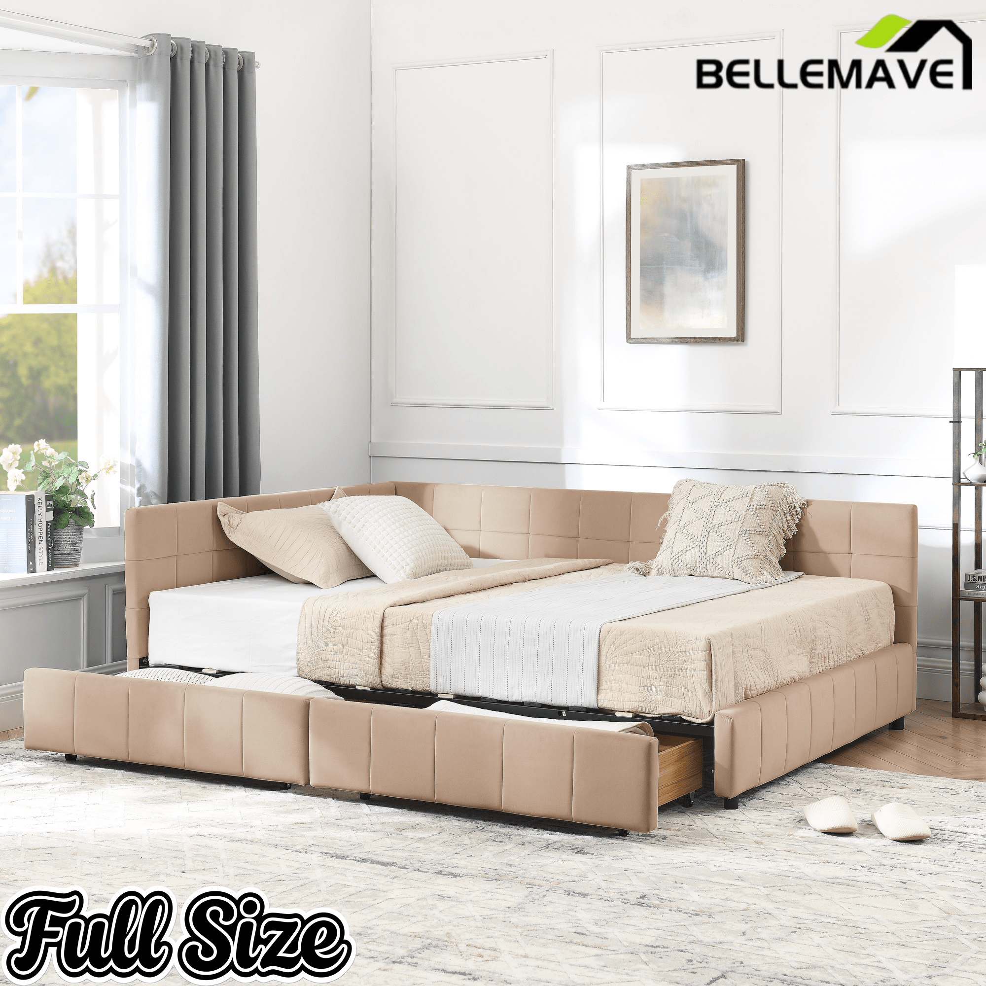 Bellemave® Full Size Corner Bed Frame with Storage Drawers, Comfortable Backrest and Armrests, Upholstered Daybed, Gary - Bellemave