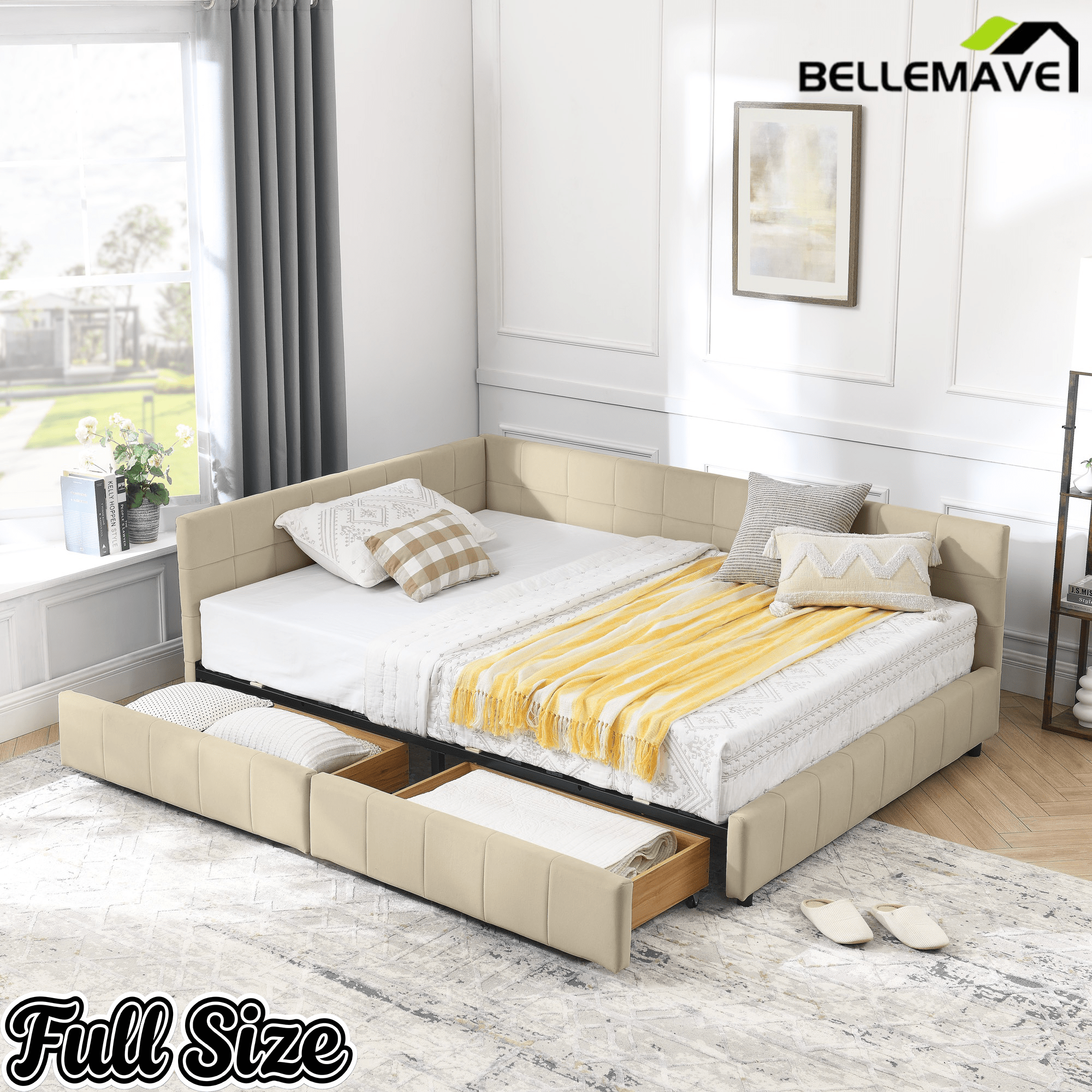 Bellemave® Full Size Corner Bed Frame with Storage Drawers, Comfortable Backrest and Armrests, Upholstered Daybed, Gary - Bellemave