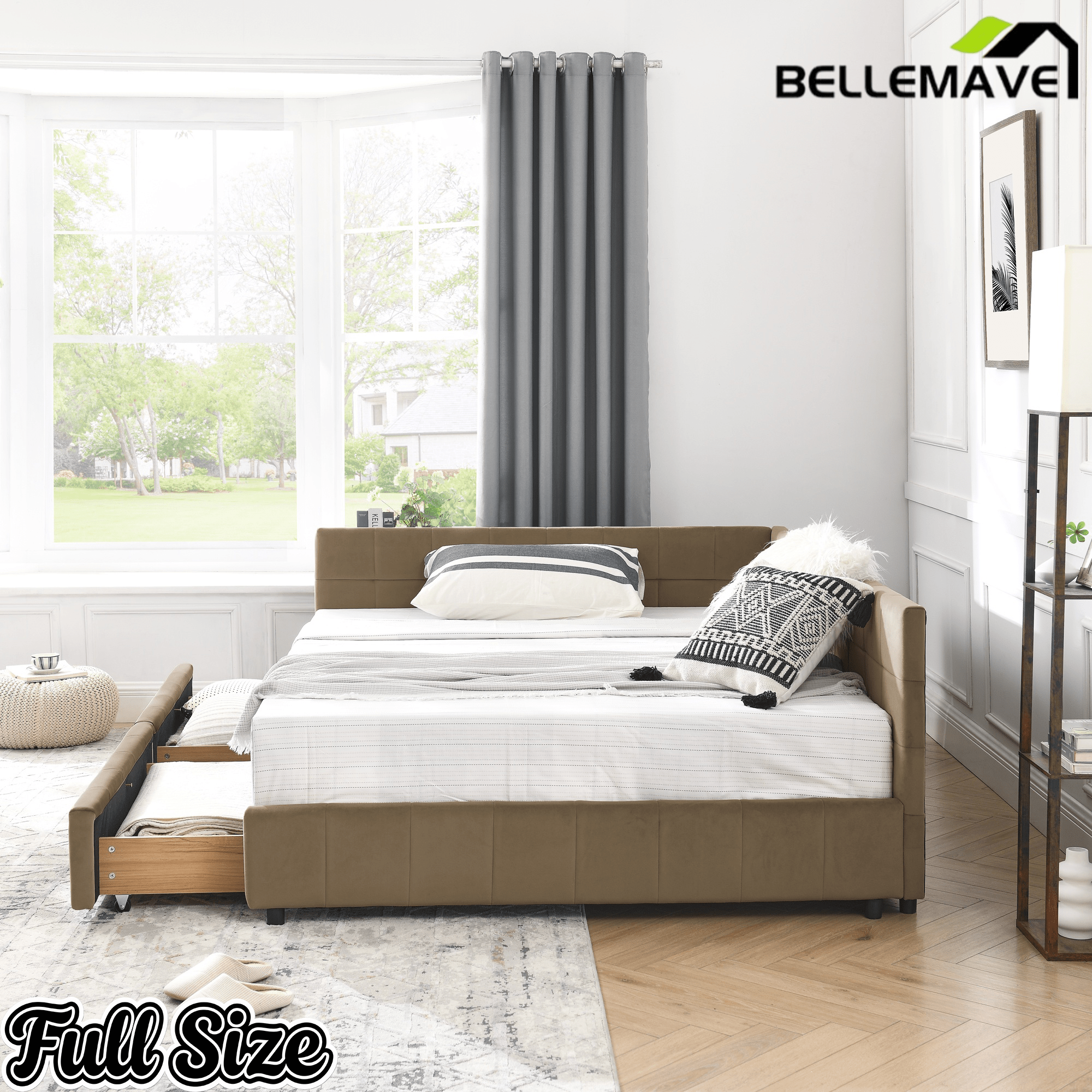 Bellemave® Full Size Corner Bed Frame with Storage Drawers, Comfortable Backrest and Armrests, Upholstered Daybed, Gary - Bellemave