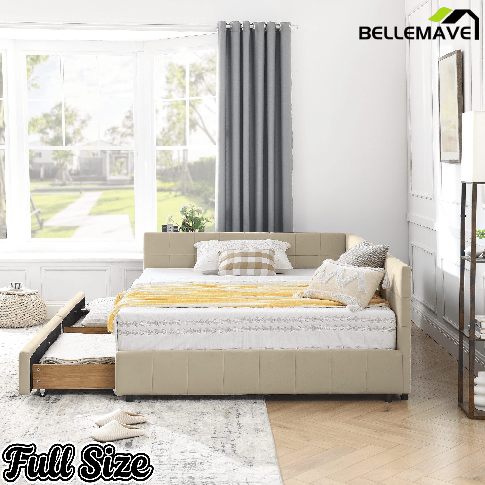 Bellemave® Full Size Corner Bed Frame with Storage Drawers, Comfortable Backrest and Armrests, Upholstered Daybed, Gary - Bellemave